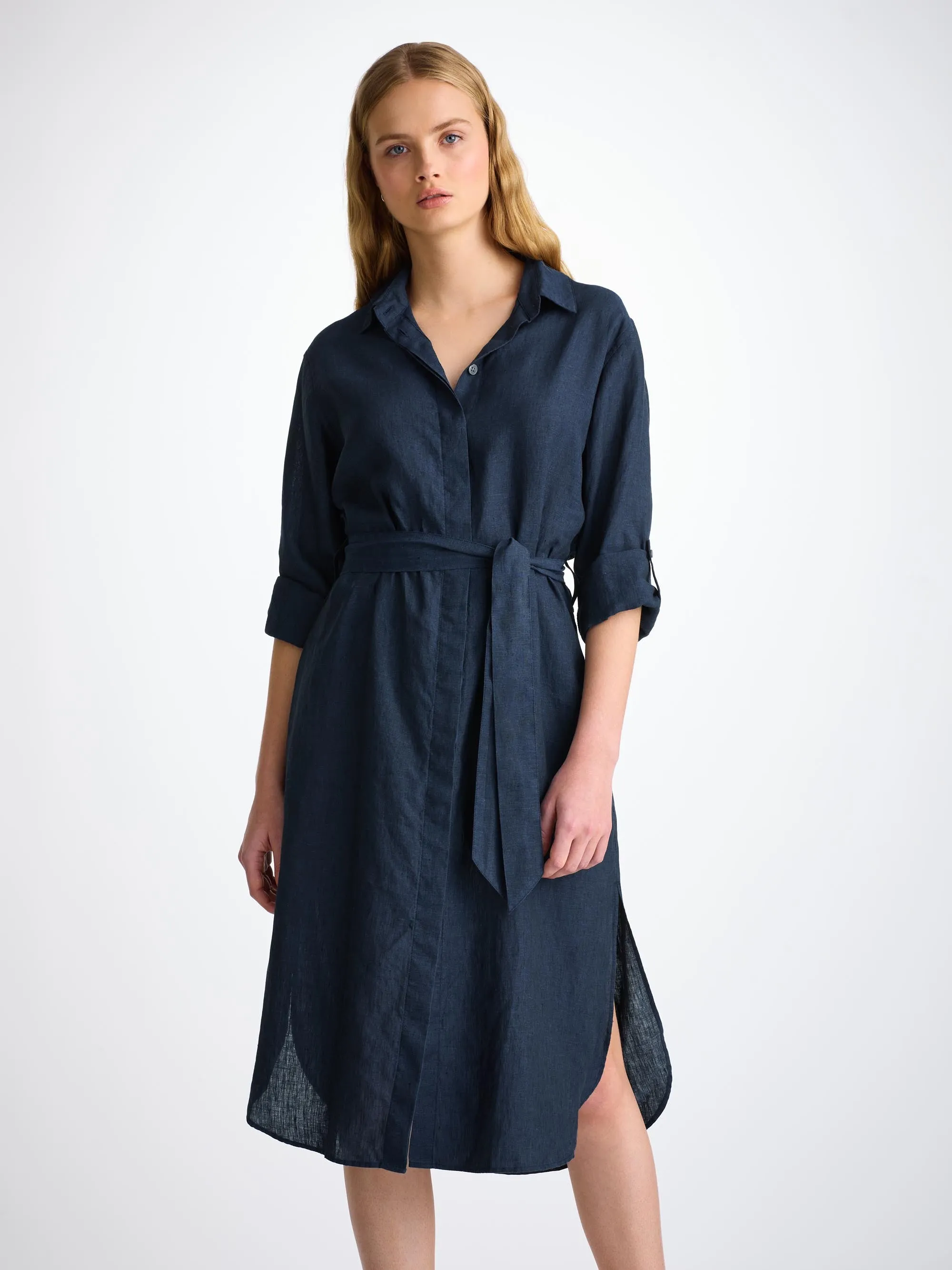 Women's Dress Sicily Linen Navy sold by Derek Rose