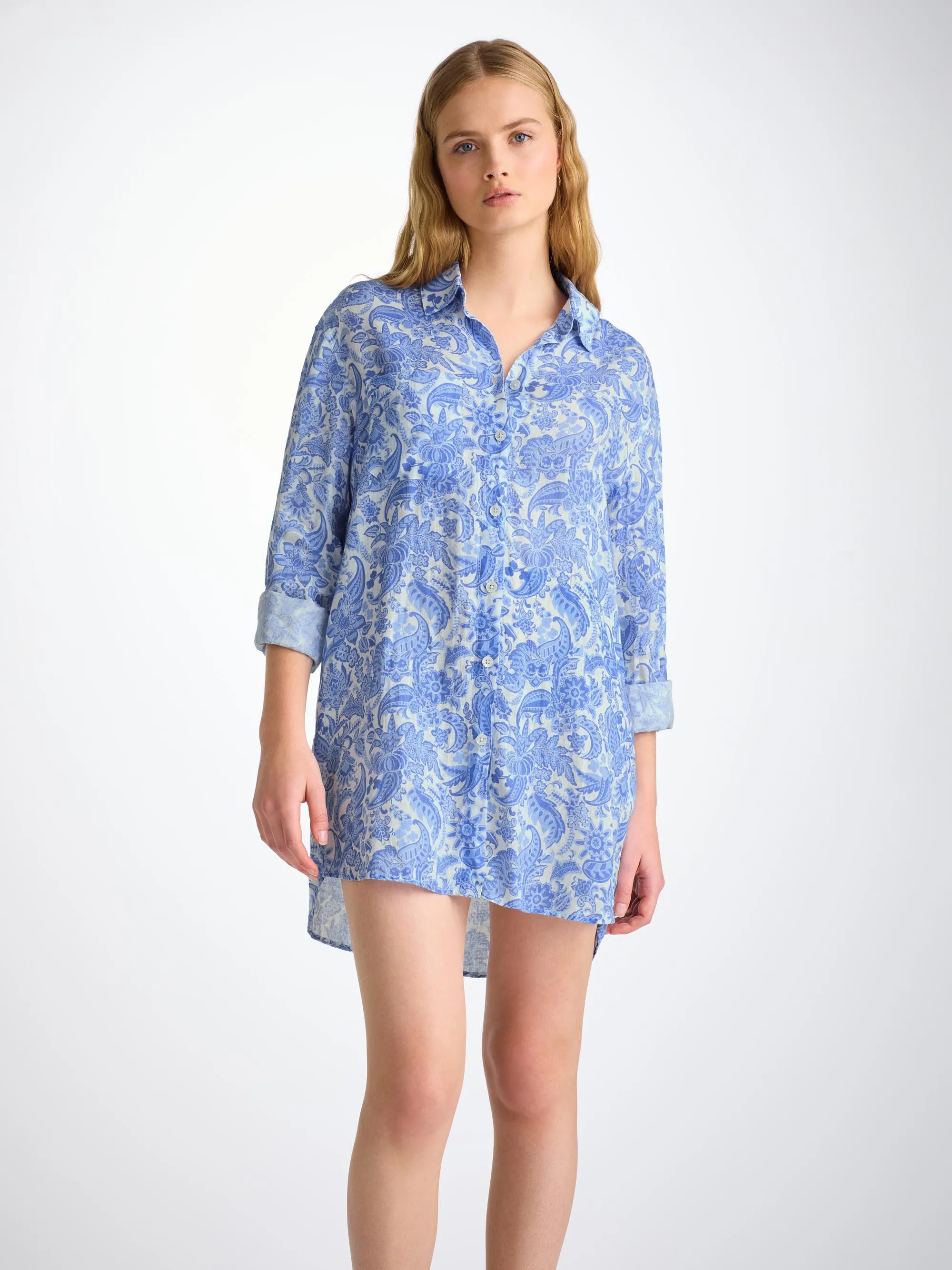 Women's Longline Shirt Linen White Jungle Paisley Print sold by Derek Rose