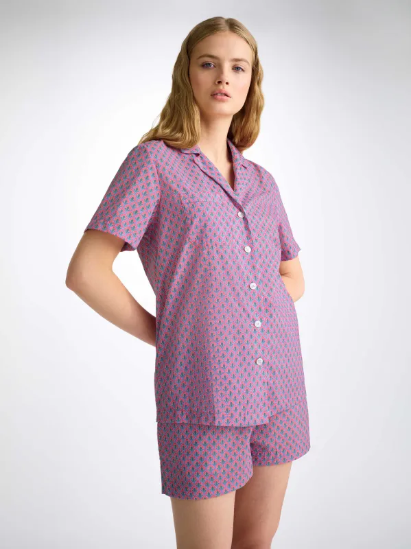 Women's Short Pajamas Cotton Batiste Flamingo Pink Scalloped Leaf Print sold by Derek Rose