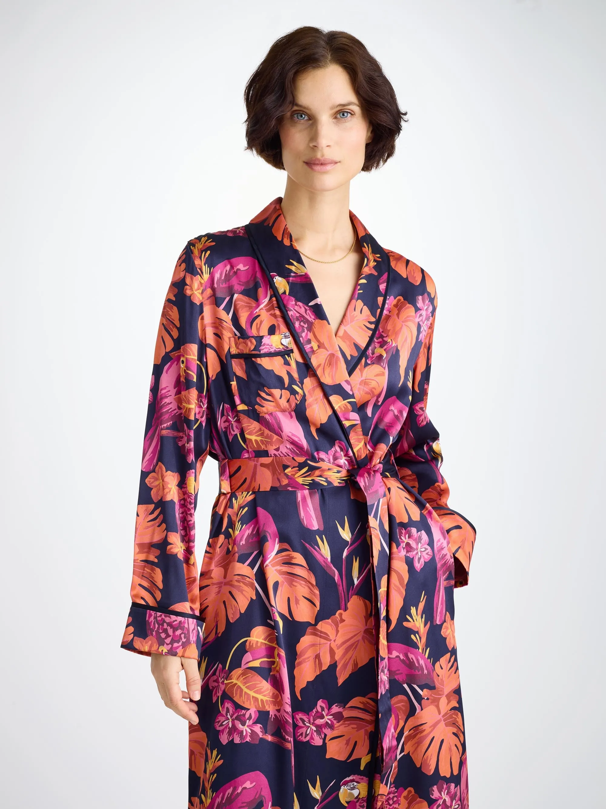 Women's Long Robe Silk Satin Navy Jungle Birds Pattern sold by Derek Rose product image thumbnail 3