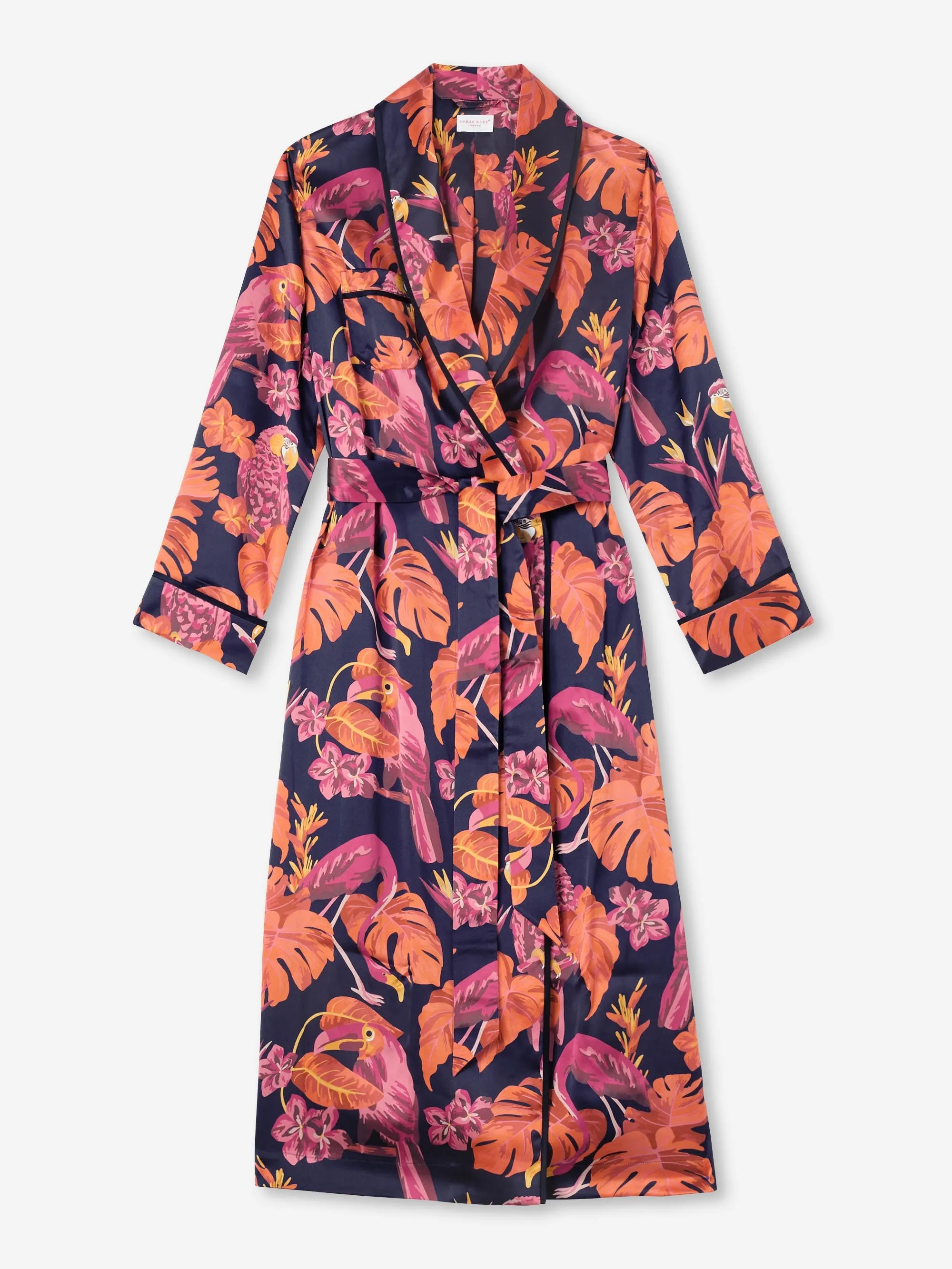 Women's Long Robe Silk Satin Navy Jungle Birds Pattern sold by Derek Rose product image thumbnail 2