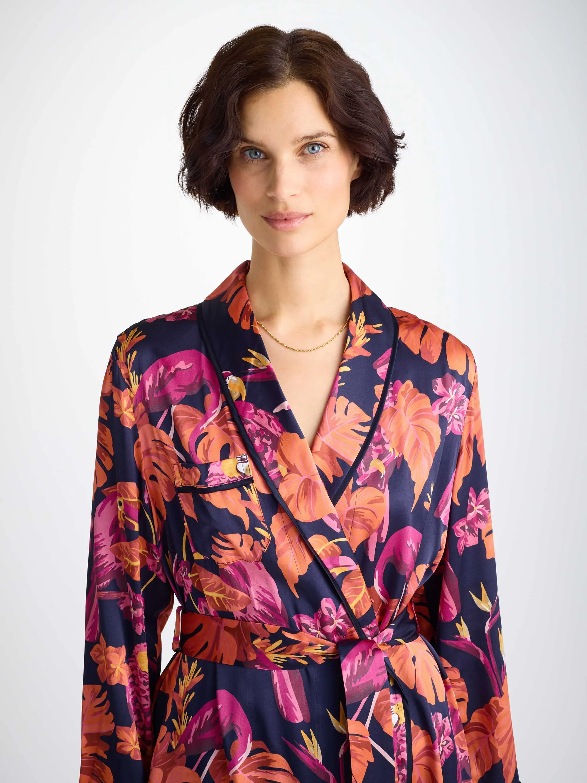 Women's Long Robe Silk Satin Navy Jungle Birds Pattern sold by Derek Rose product image thumbnail 5