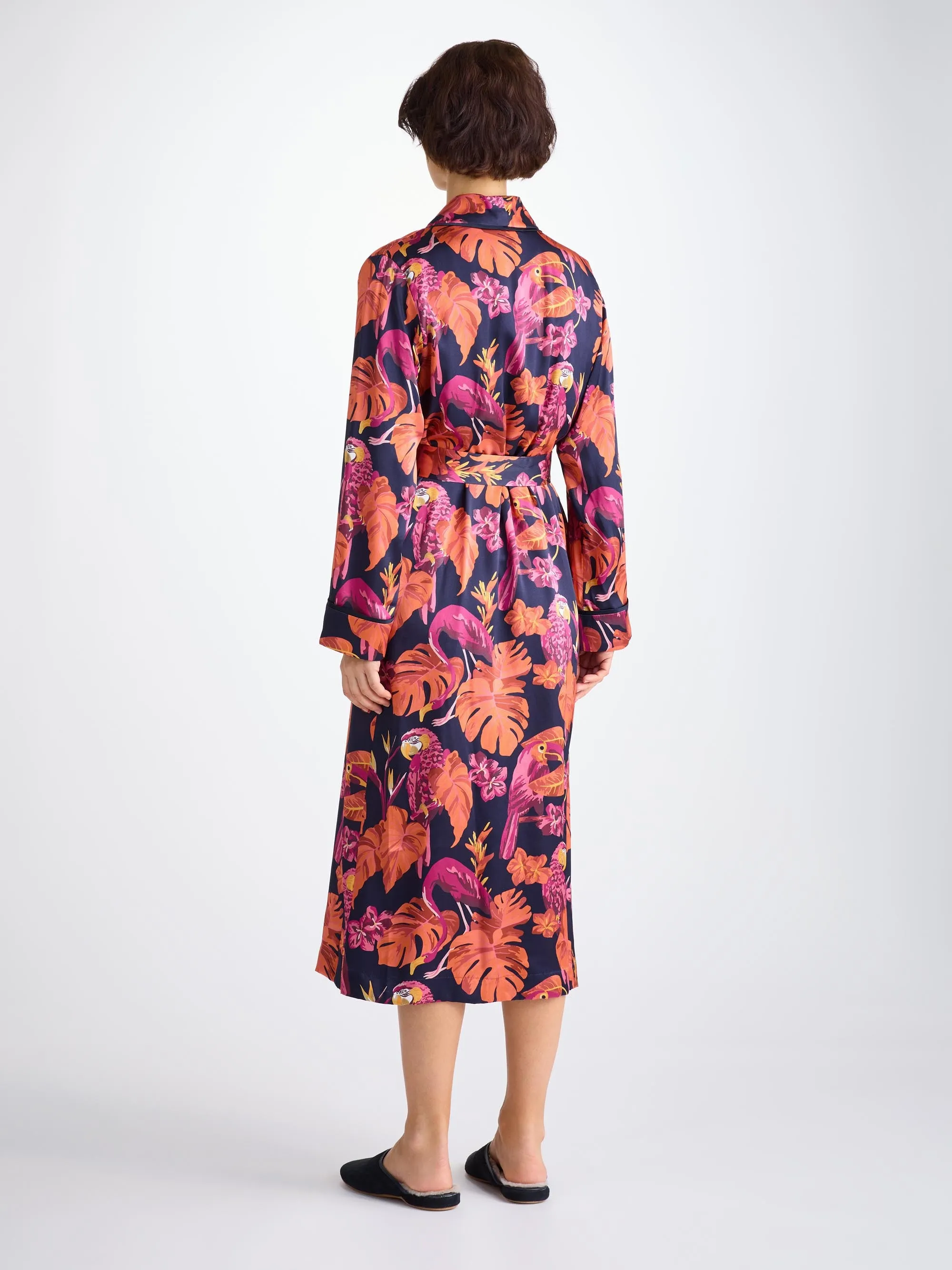 Women's Long Robe Silk Satin Navy Jungle Birds Pattern sold by Derek Rose product image thumbnail 4