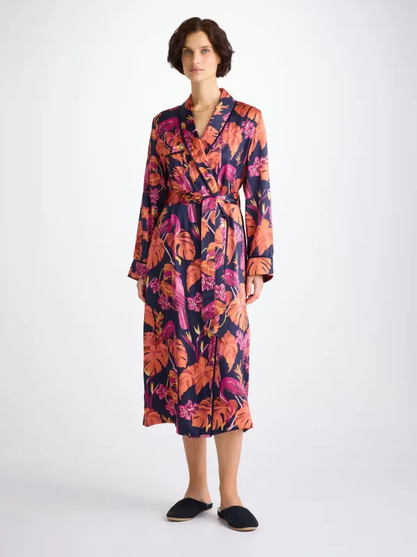 Women's Long Robe Silk Satin Navy Jungle Birds Pattern sold by Derek Rose