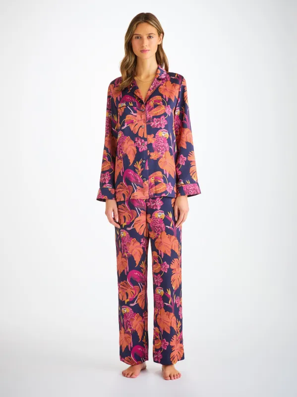 Women's Pajamas Silk Satin Navy Jungle Birds Pattern sold by Derek Rose