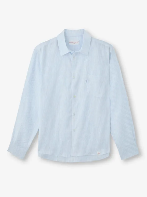 Men's Long Sleeve Shirt Malibu Woven Linen Light Blue and White Stripe sold by Derek Rose