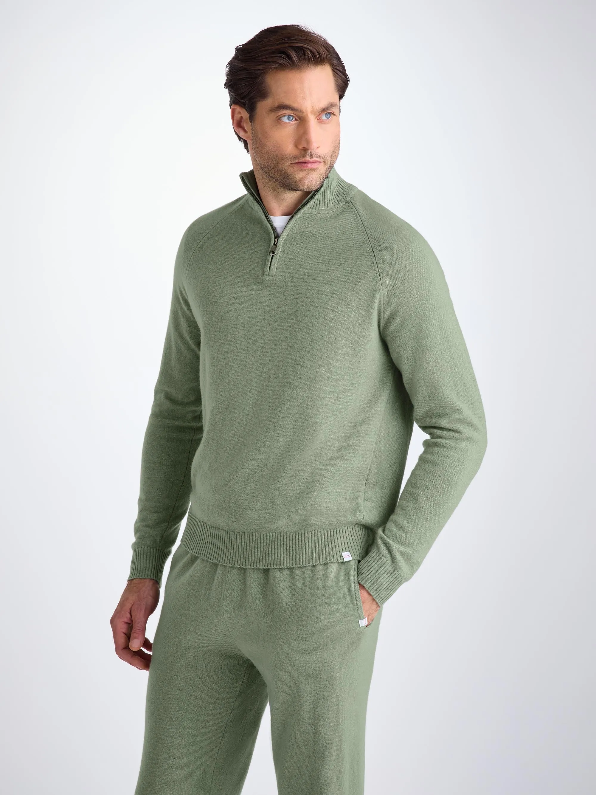 Men's Half-Zip Sweater Finley Cashmere Sage Green sold by Derek Rose product image thumbnail 2