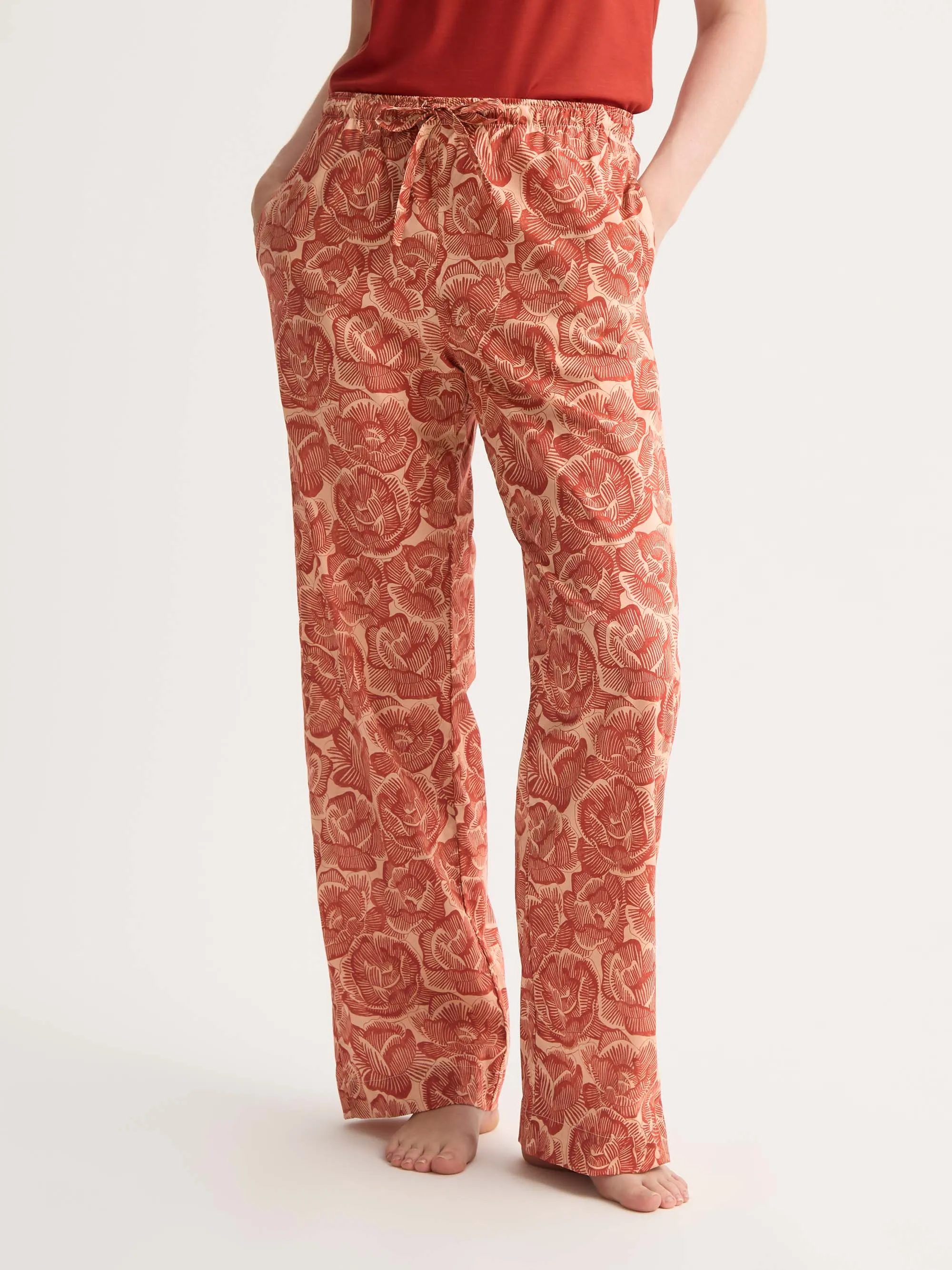Women's Lounge Pants Cotton Batiste Rustic Red & Peach Rose Print sold by Derek Rose product image thumbnail 4