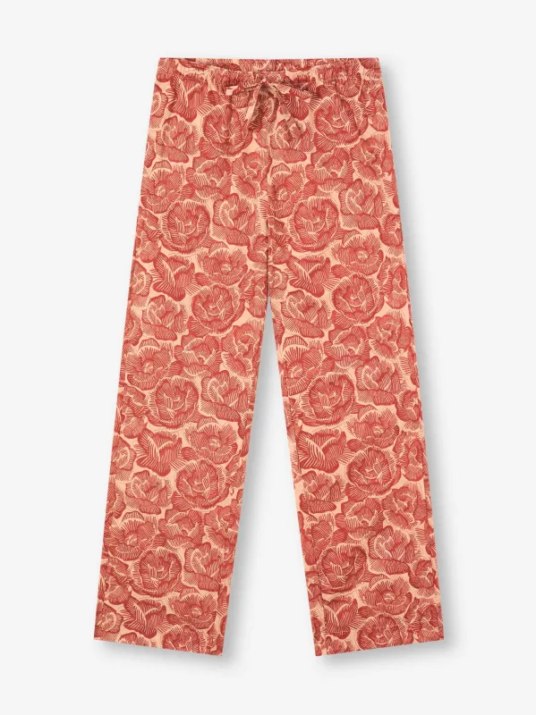 Women's Lounge Pants Cotton Batiste Rustic Red & Peach Rose Print sold by Derek Rose