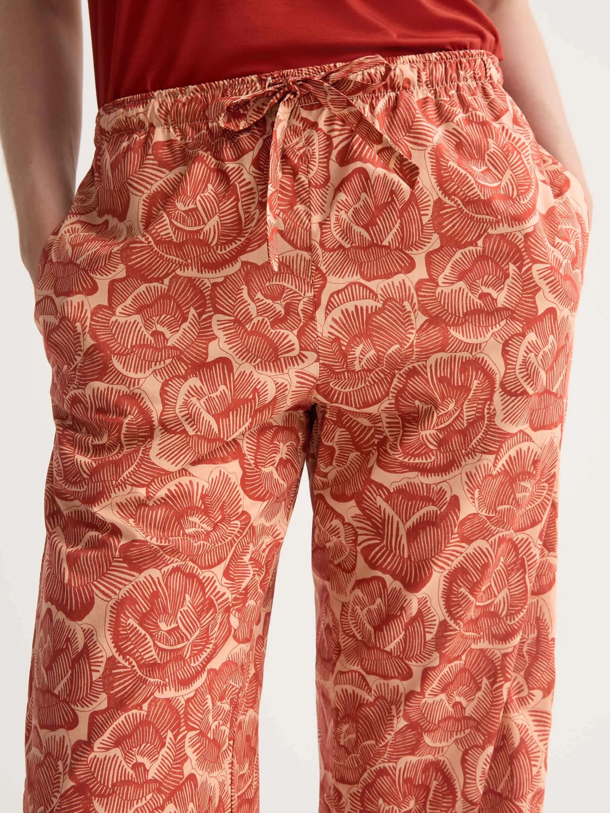 Women's Lounge Pants Cotton Batiste Rustic Red & Peach Rose Print sold by Derek Rose product image thumbnail 5