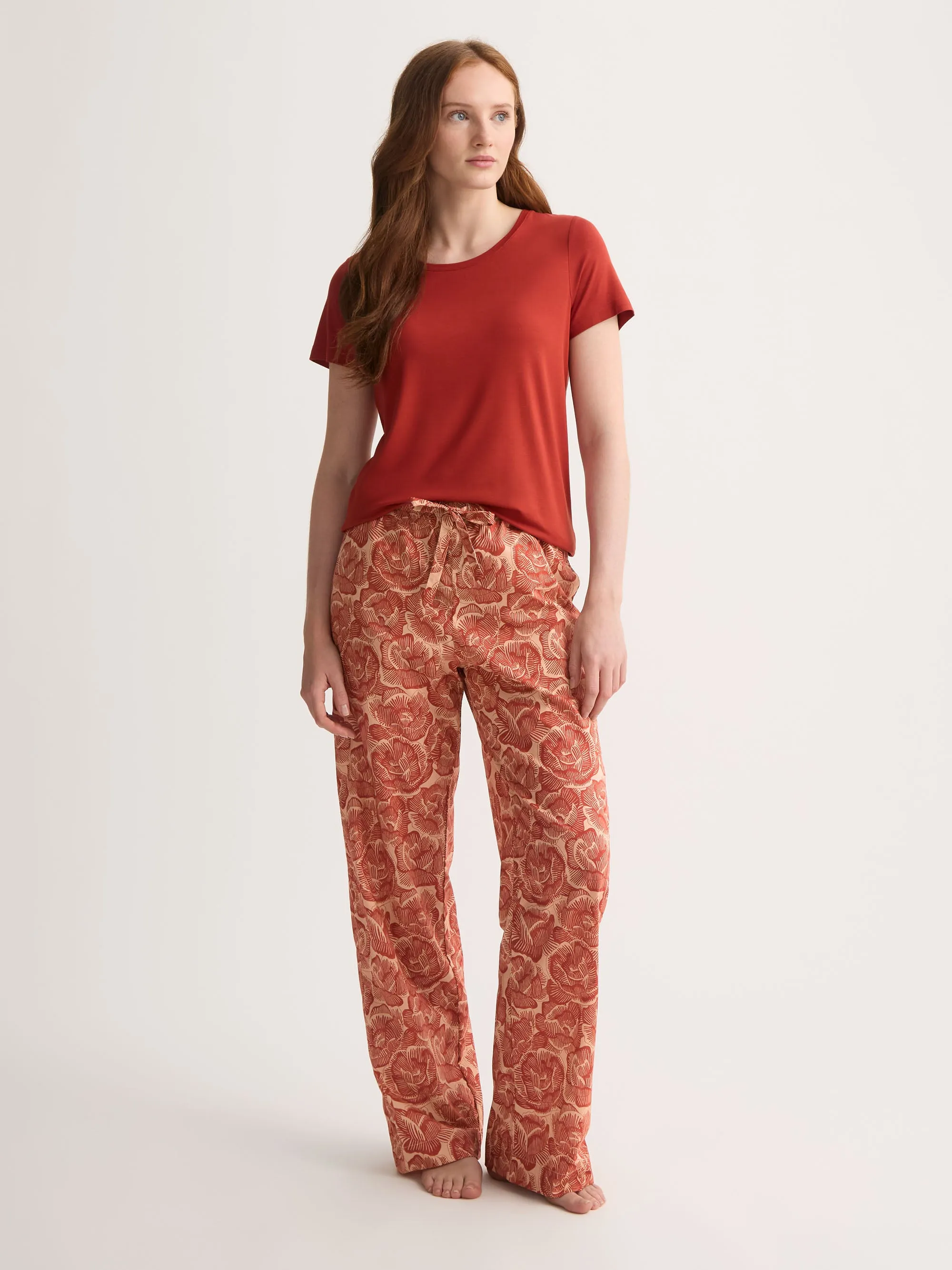 Women's Lounge Pants Cotton Batiste Rustic Red & Peach Rose Print sold by Derek Rose product image thumbnail 2
