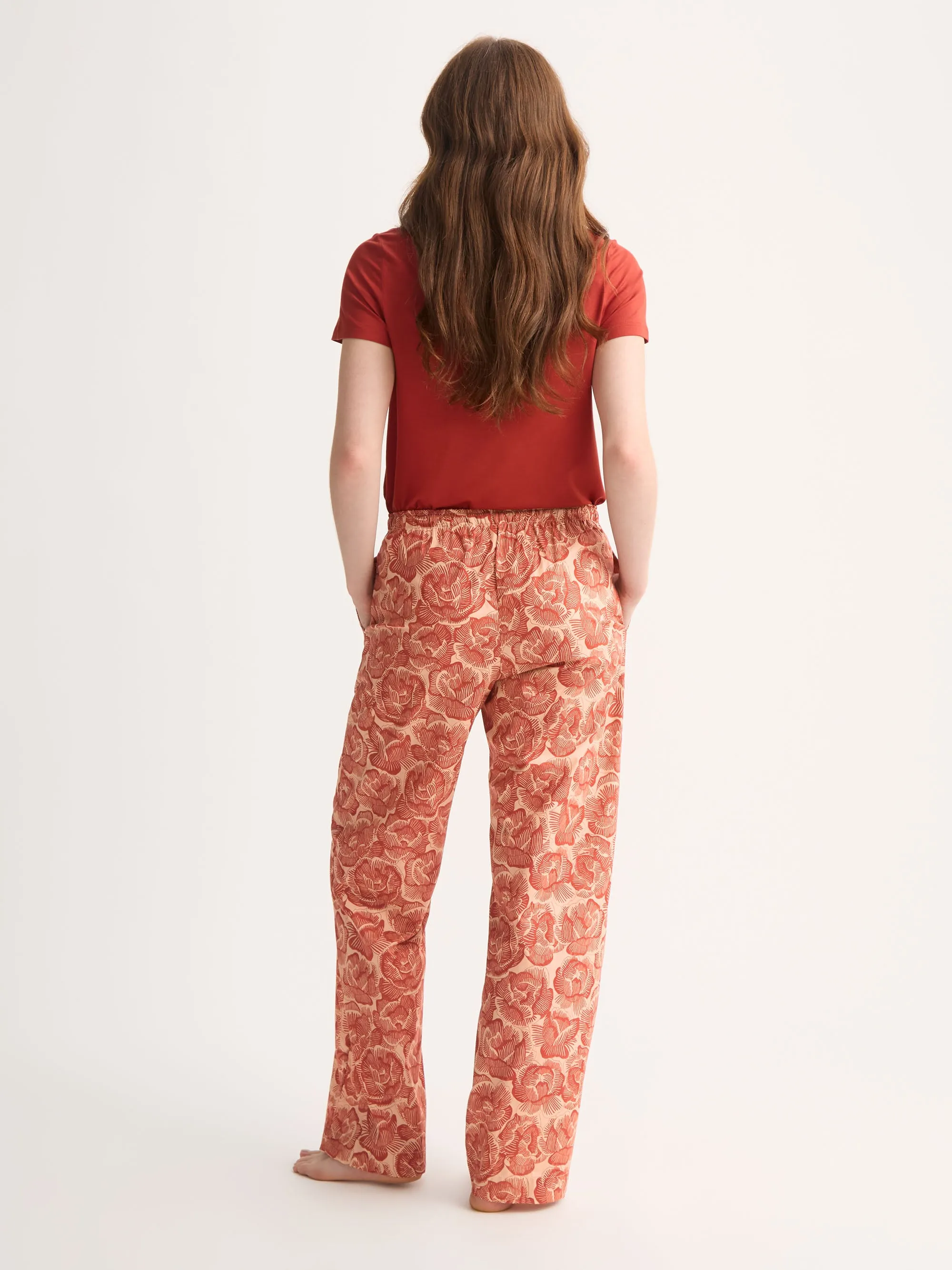 Women's Lounge Pants Cotton Batiste Rustic Red & Peach Rose Print sold by Derek Rose product image thumbnail 3