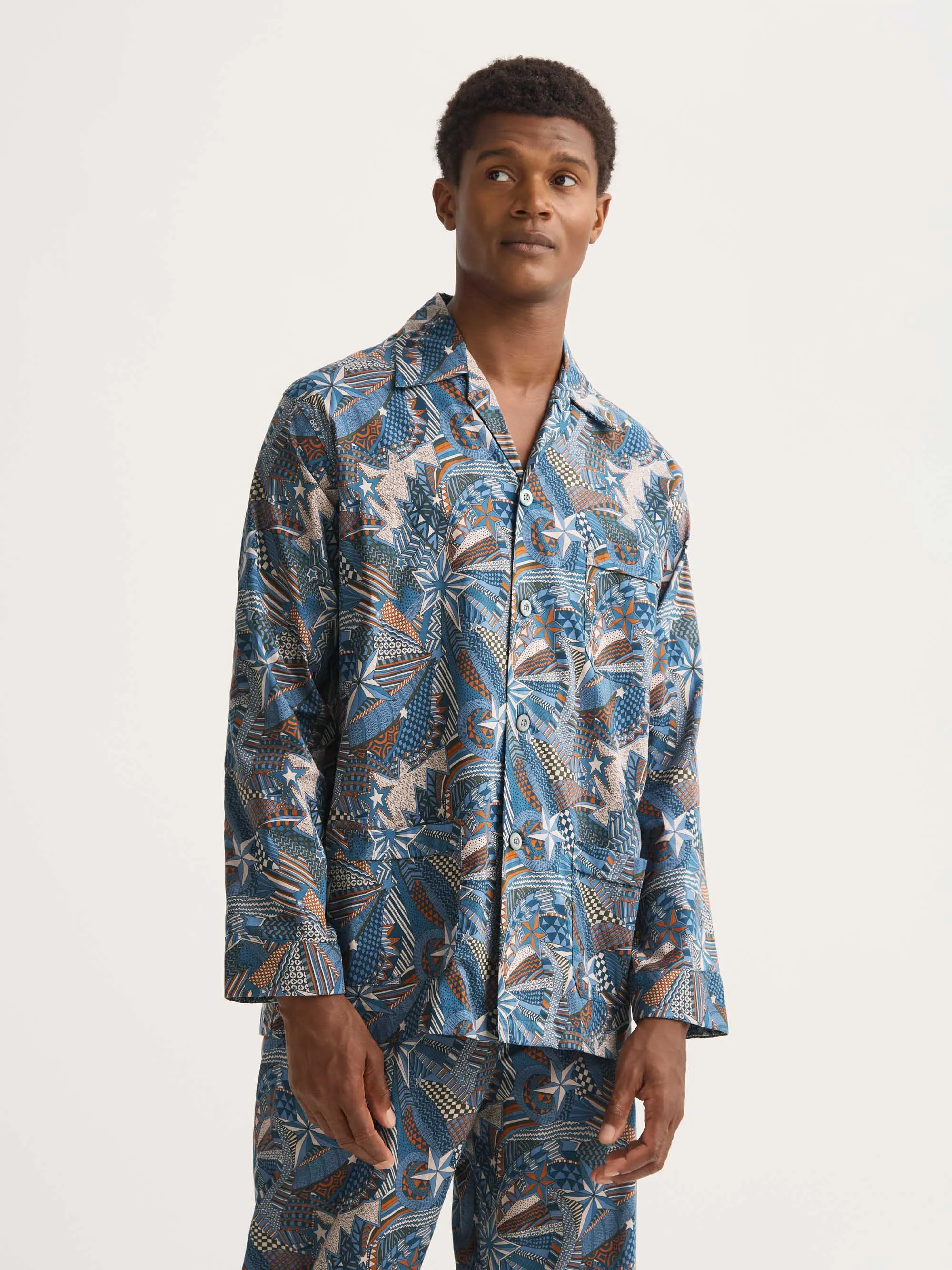 Men's Classic Fit Pajamas Cotton Batiste Blue Multicolor Celebration Print sold by Derek Rose product image thumbnail 4