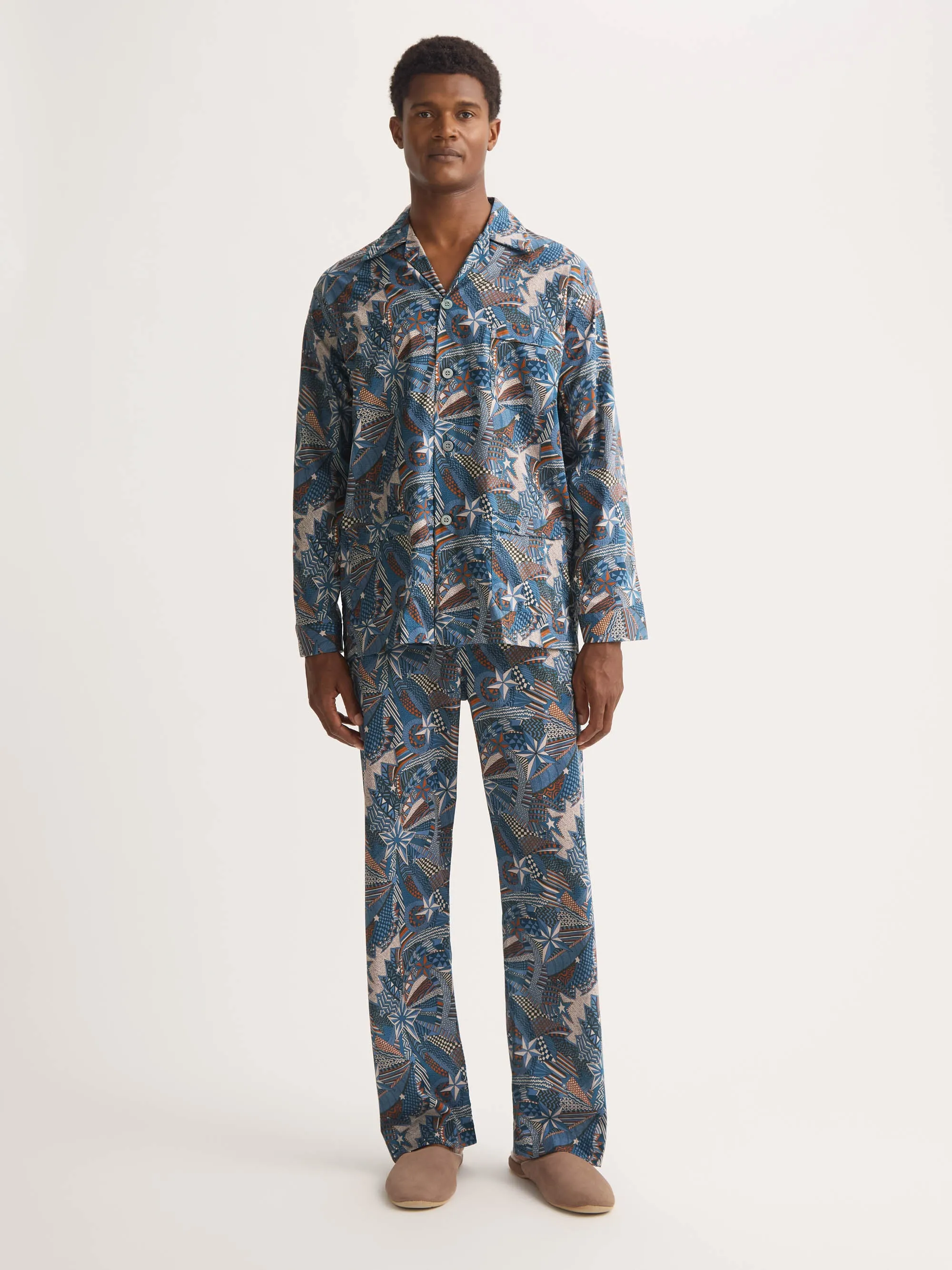 Men's Classic Fit Pajamas Cotton Batiste Blue Multicolor Celebration Print sold by Derek Rose product image thumbnail 2