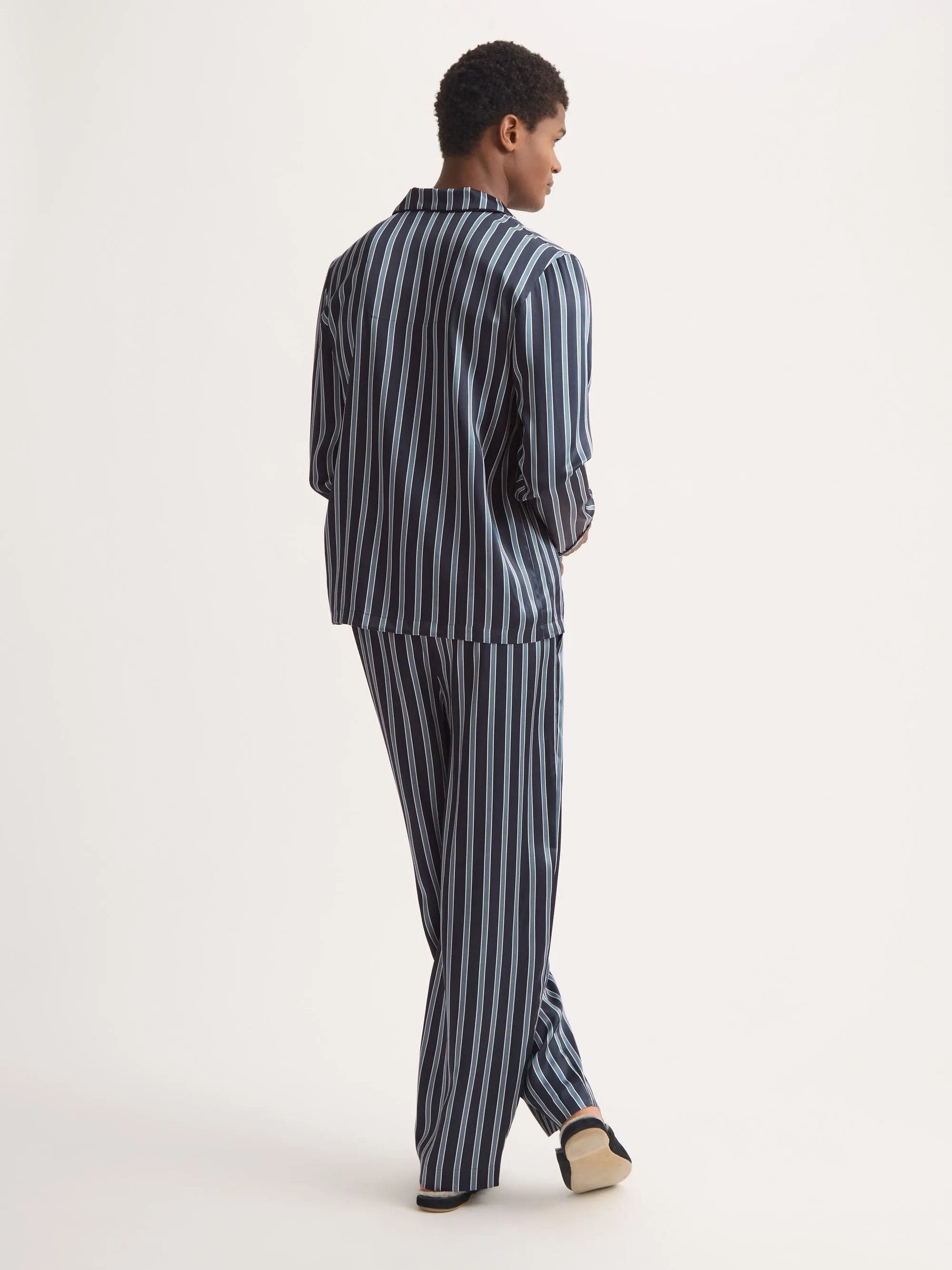 Men's Silk Pajamas Navy Blue & Blue Stripe sold by Derek Rose product image thumbnail 3