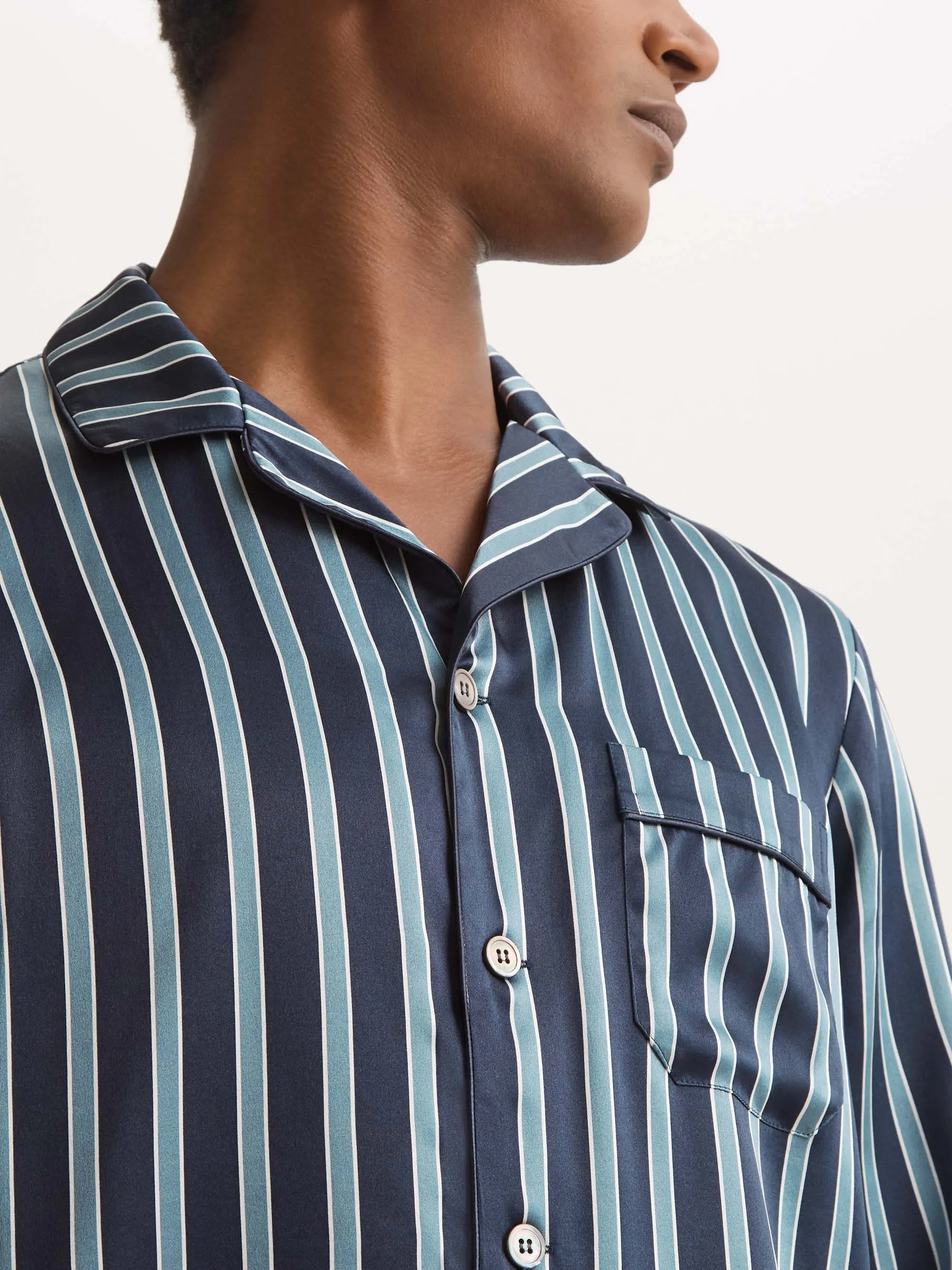 Men's Silk Pajamas Navy Blue & Blue Stripe sold by Derek Rose product image thumbnail 4