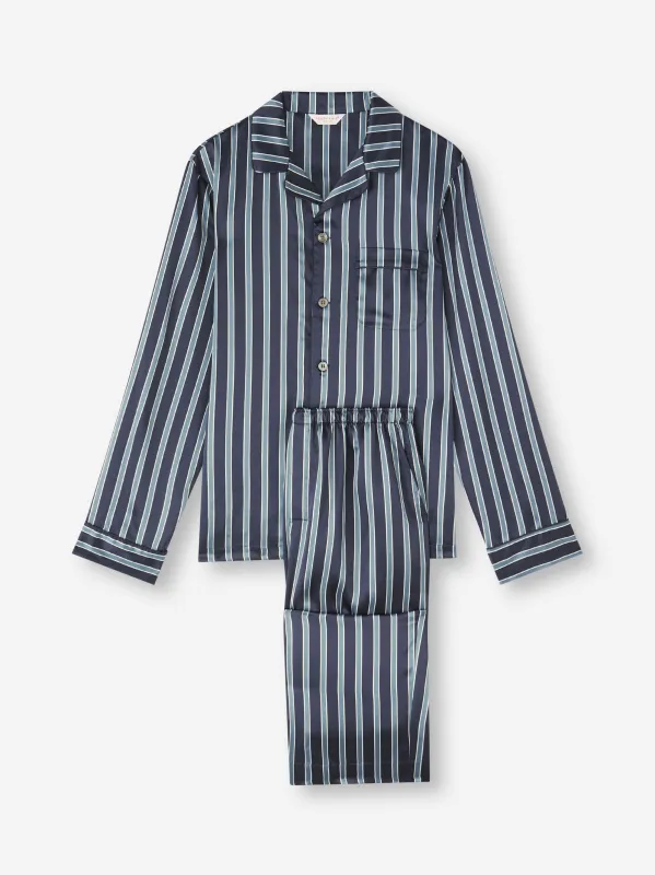 Men's Silk Pajamas Navy Blue & Blue Stripe sold by Derek Rose