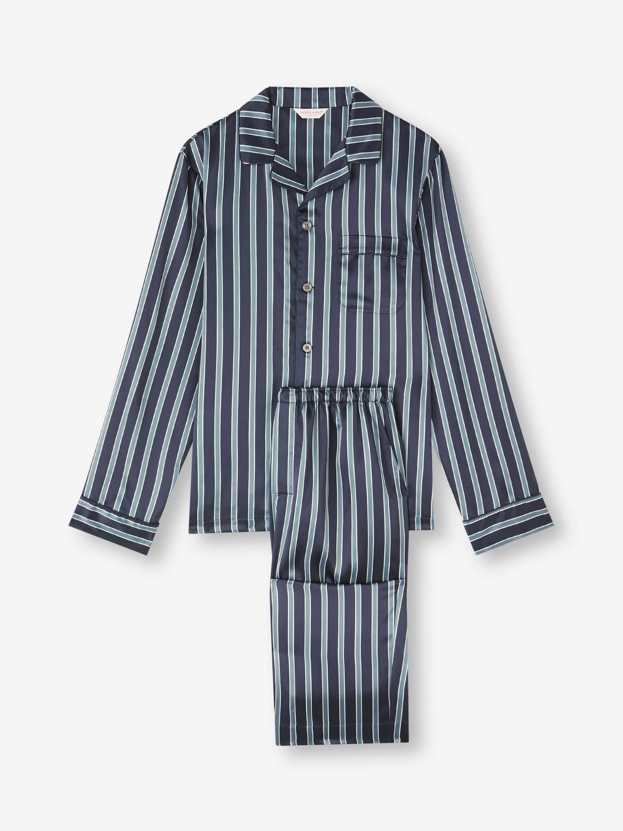 Men's Silk Pajamas Navy Blue & Blue Stripe sold by Derek Rose
