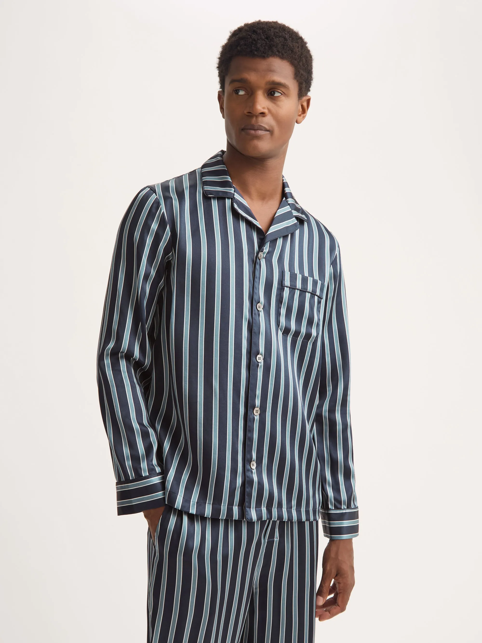 Men's Silk Pajamas Navy Blue & Blue Stripe sold by Derek Rose product image thumbnail 5