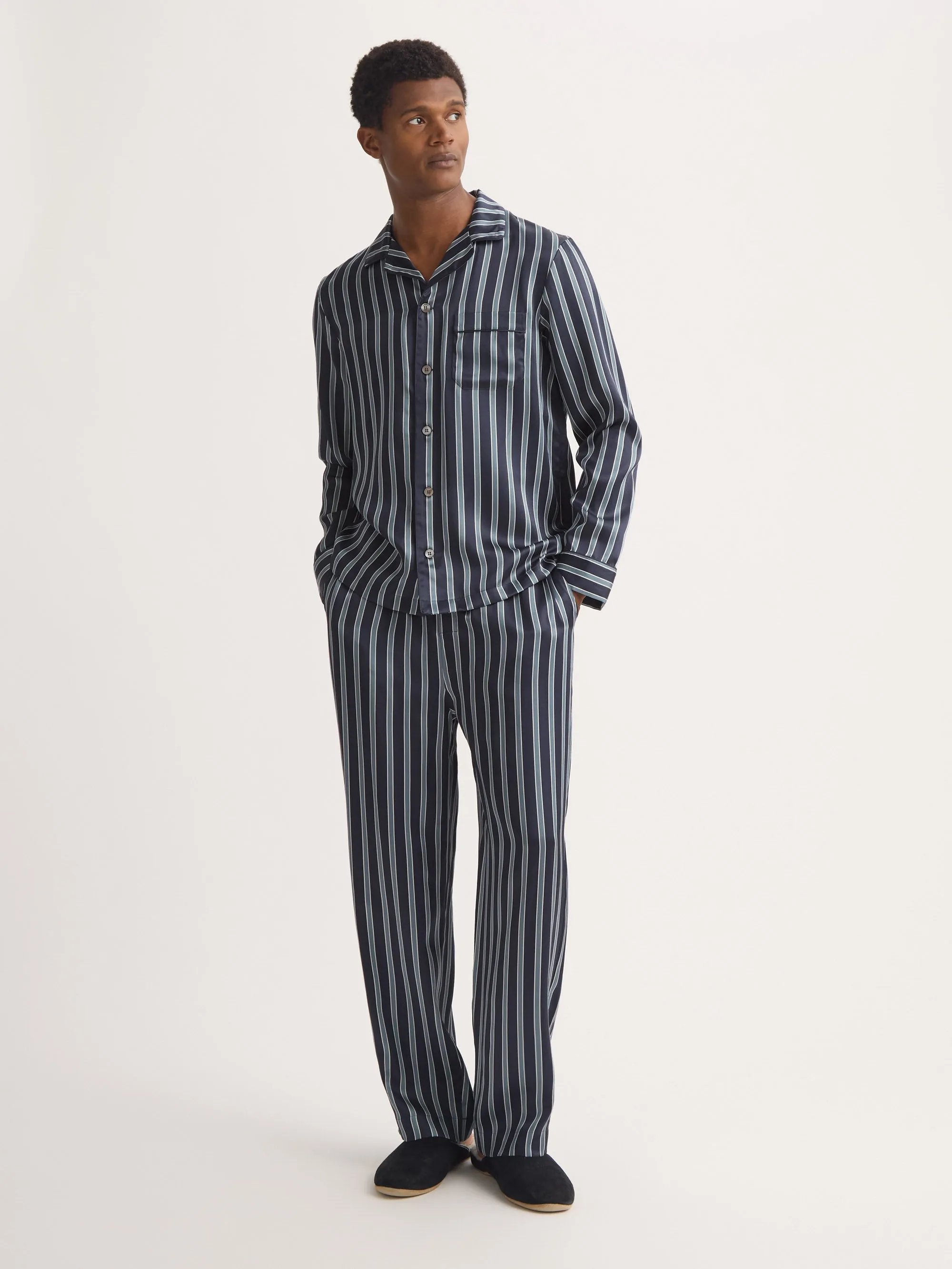 Men's Silk Pajamas Navy Blue & Blue Stripe sold by Derek Rose product image thumbnail 2