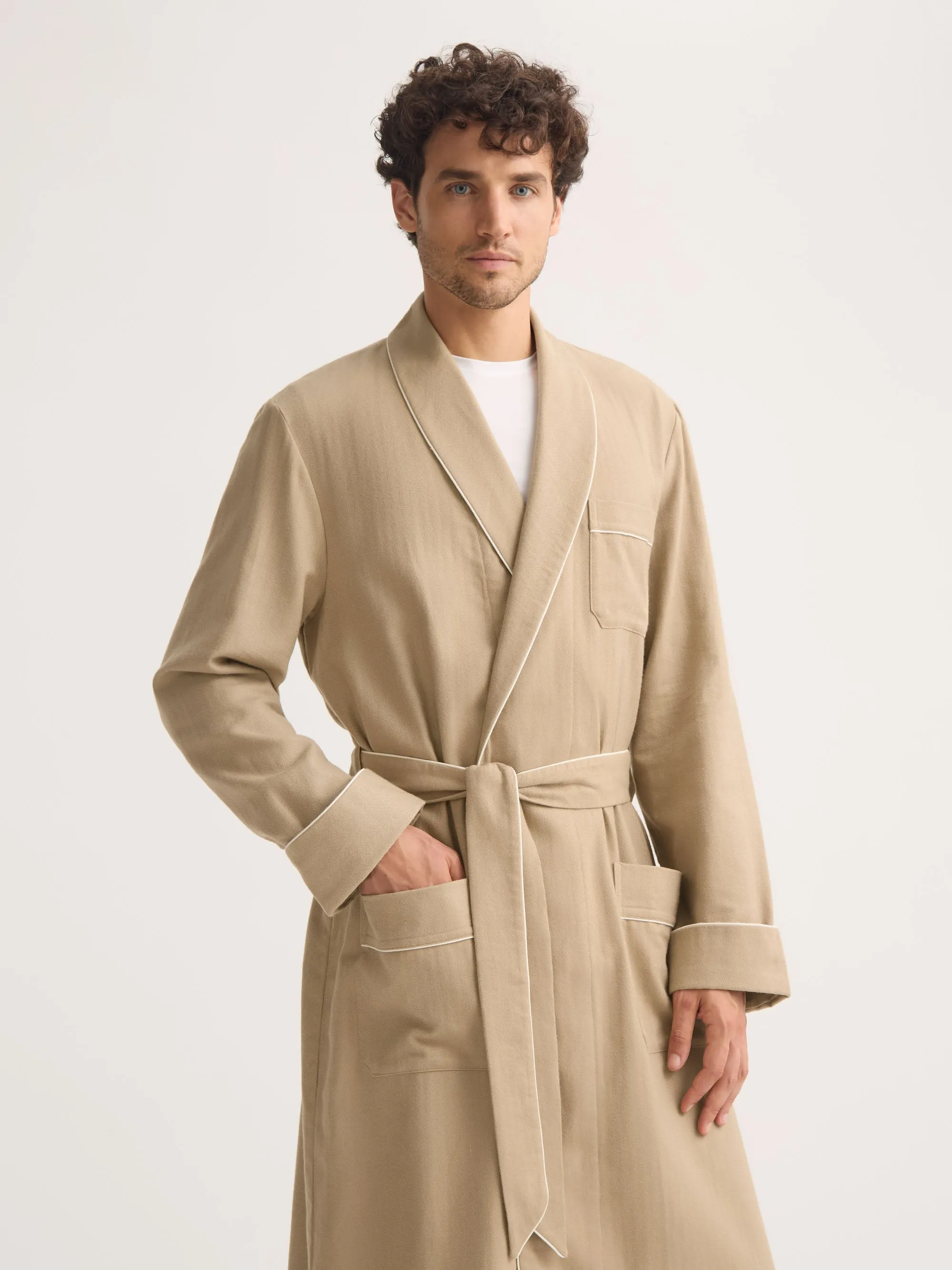 Men's Robe Kelburn Brushed Cotton Light Stone Herringbone sold by Derek Rose product image thumbnail 4