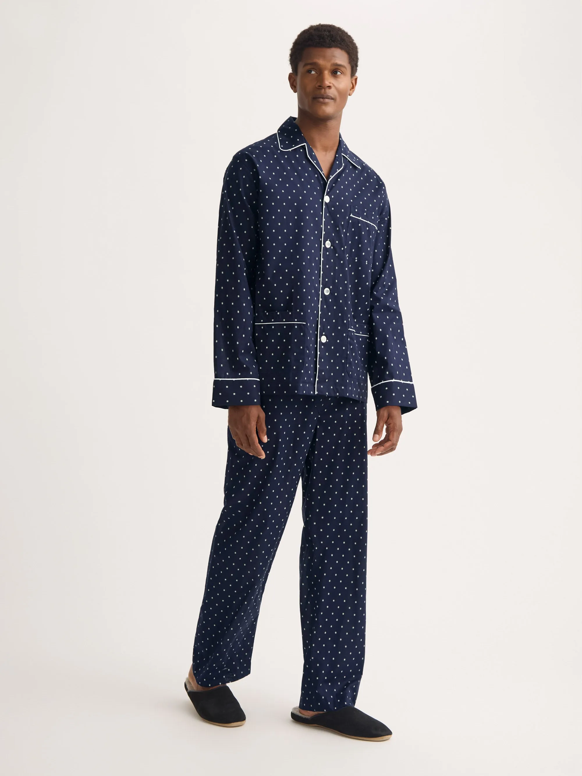 Men's Classic Fit Pajamas Cotton Batiste Navy Blue Starburst Print sold by Derek Rose product image thumbnail 2