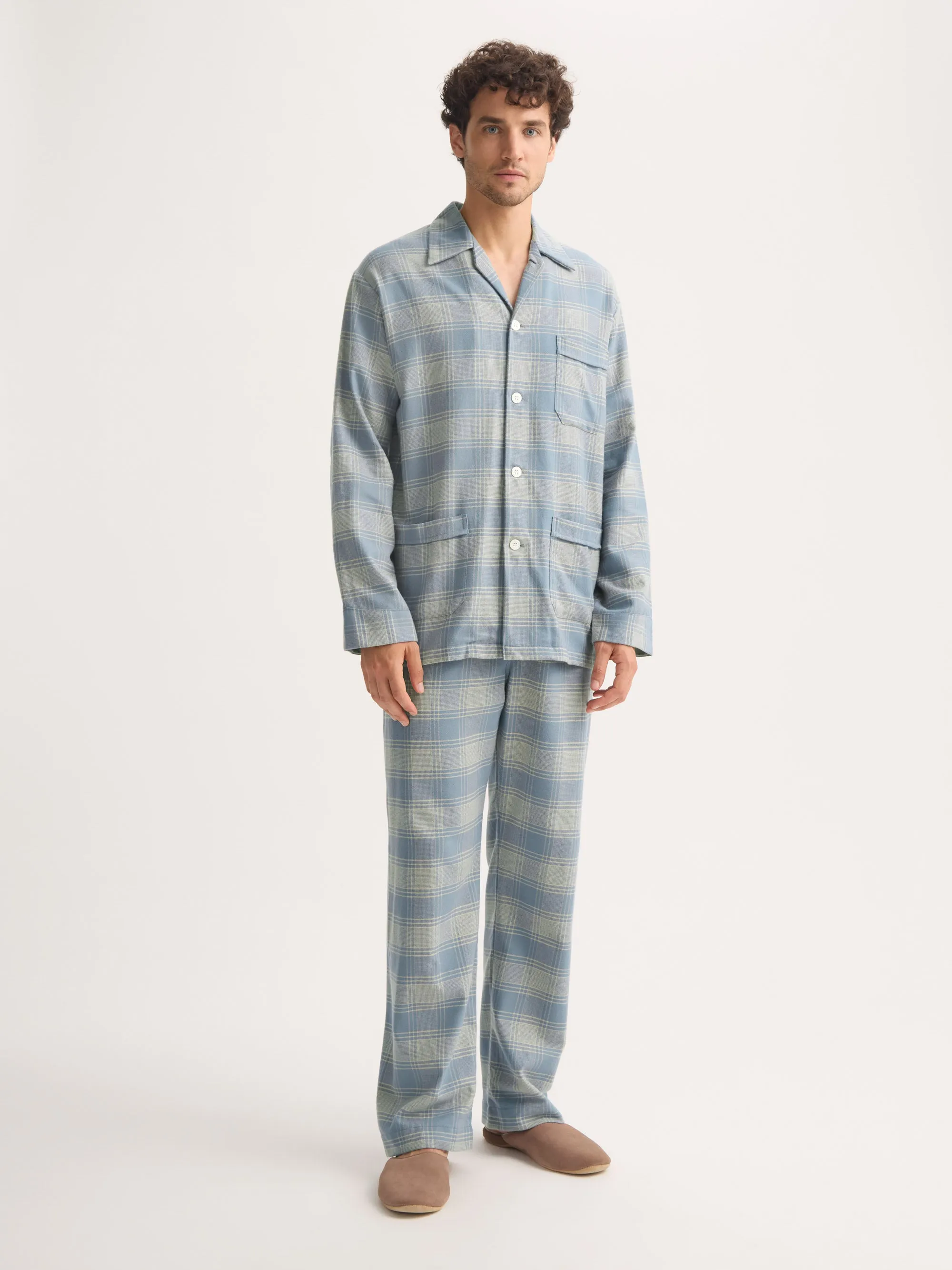 Men's Classic Fit Pajamas Kelburn Brushed Cotton Storm Blue & Ecru Check sold by Derek Rose product image thumbnail 2