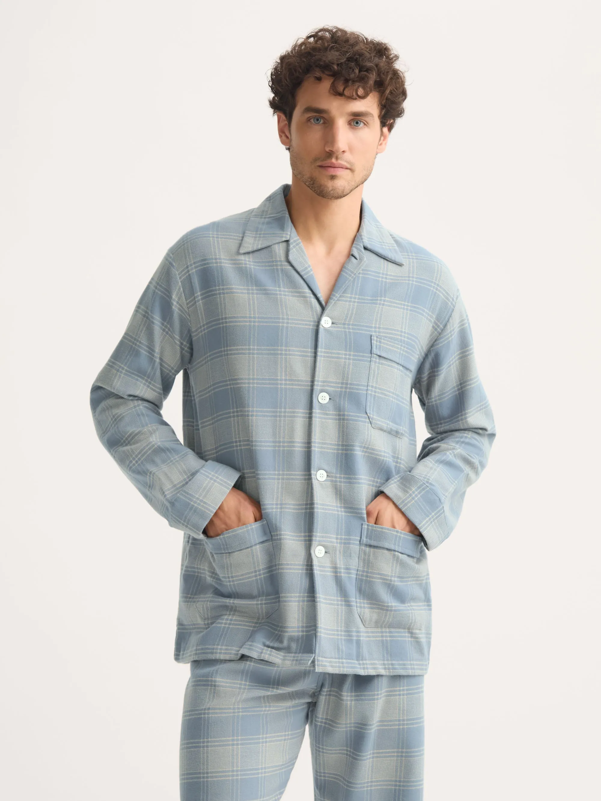 Men's Classic Fit Pajamas Kelburn Brushed Cotton Storm Blue & Ecru Check sold by Derek Rose product image thumbnail 4