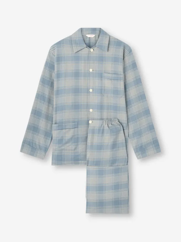 Men's Classic Fit Pajamas Kelburn Brushed Cotton Storm Blue & Ecru Check sold by Derek Rose