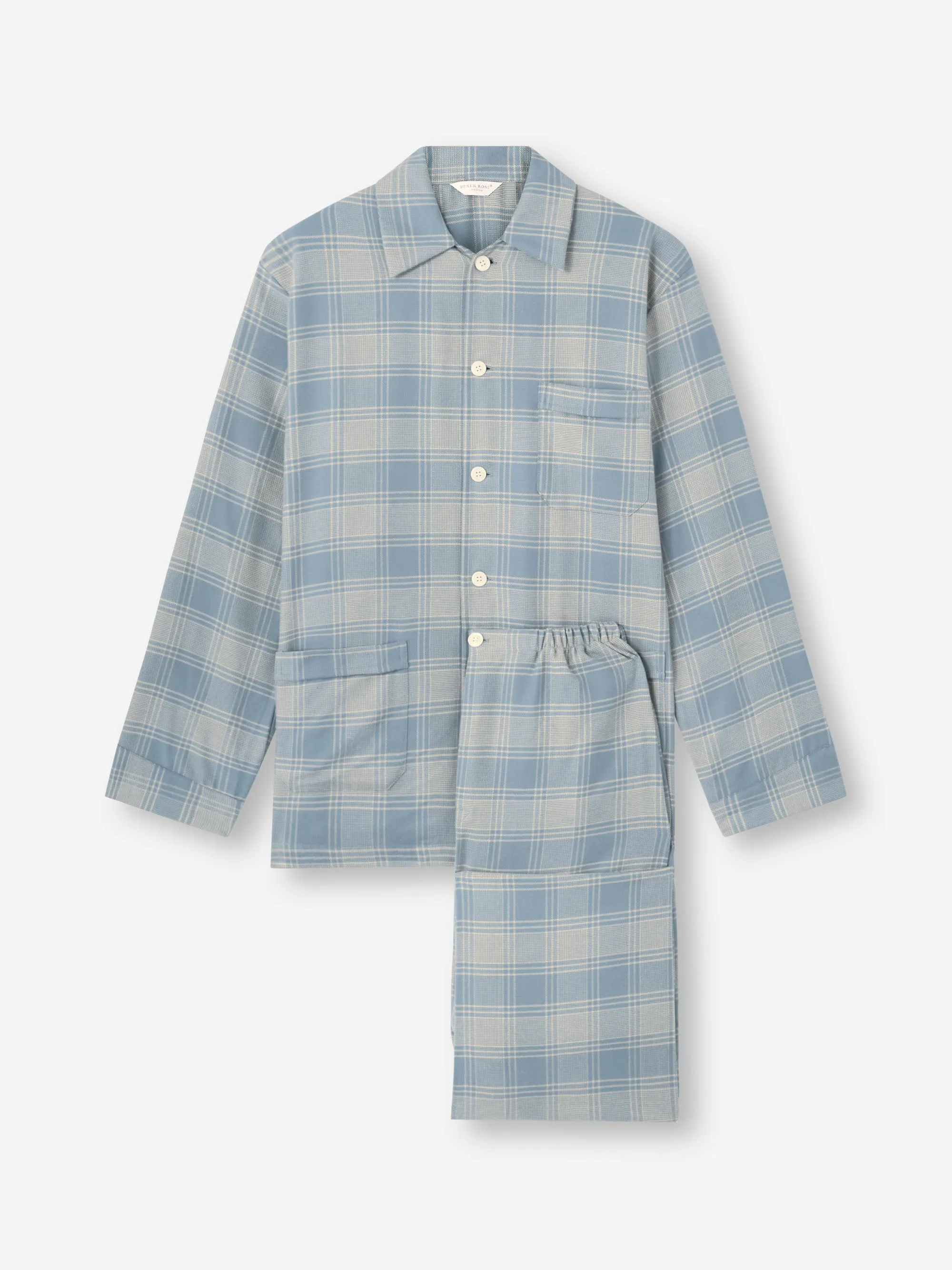 Men's Classic Fit Pajamas Kelburn Brushed Cotton Storm Blue & Ecru Check sold by Derek Rose