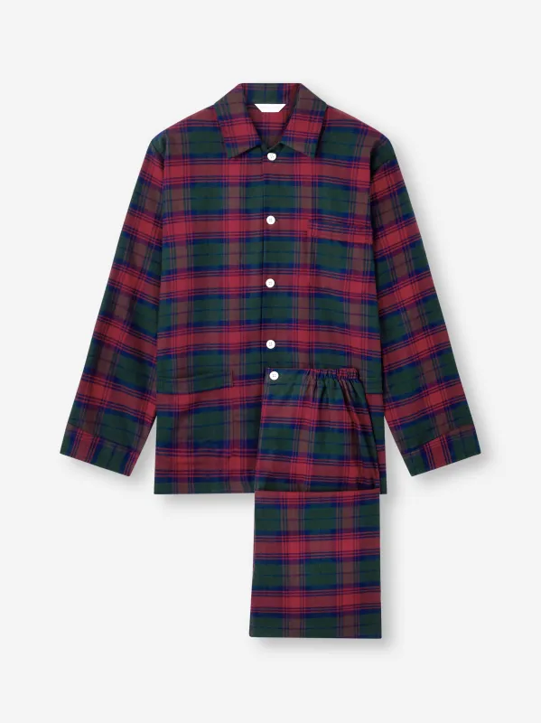 Men's Classic Fit Pajamas Kelburn Brushed Cotton Burgundy Red & Green Check sold by Derek Rose