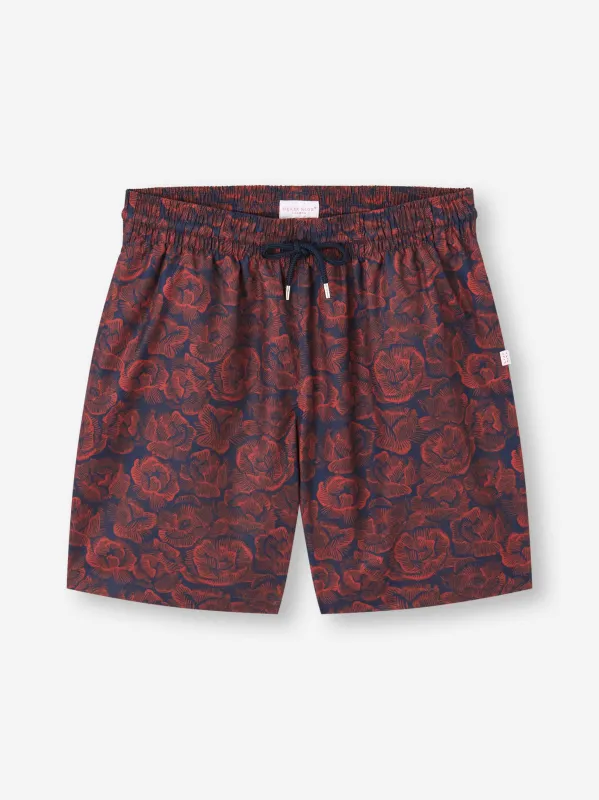 Men's Swim Trunks Maui Navy Blue & Red Rose Print sold by Derek Rose