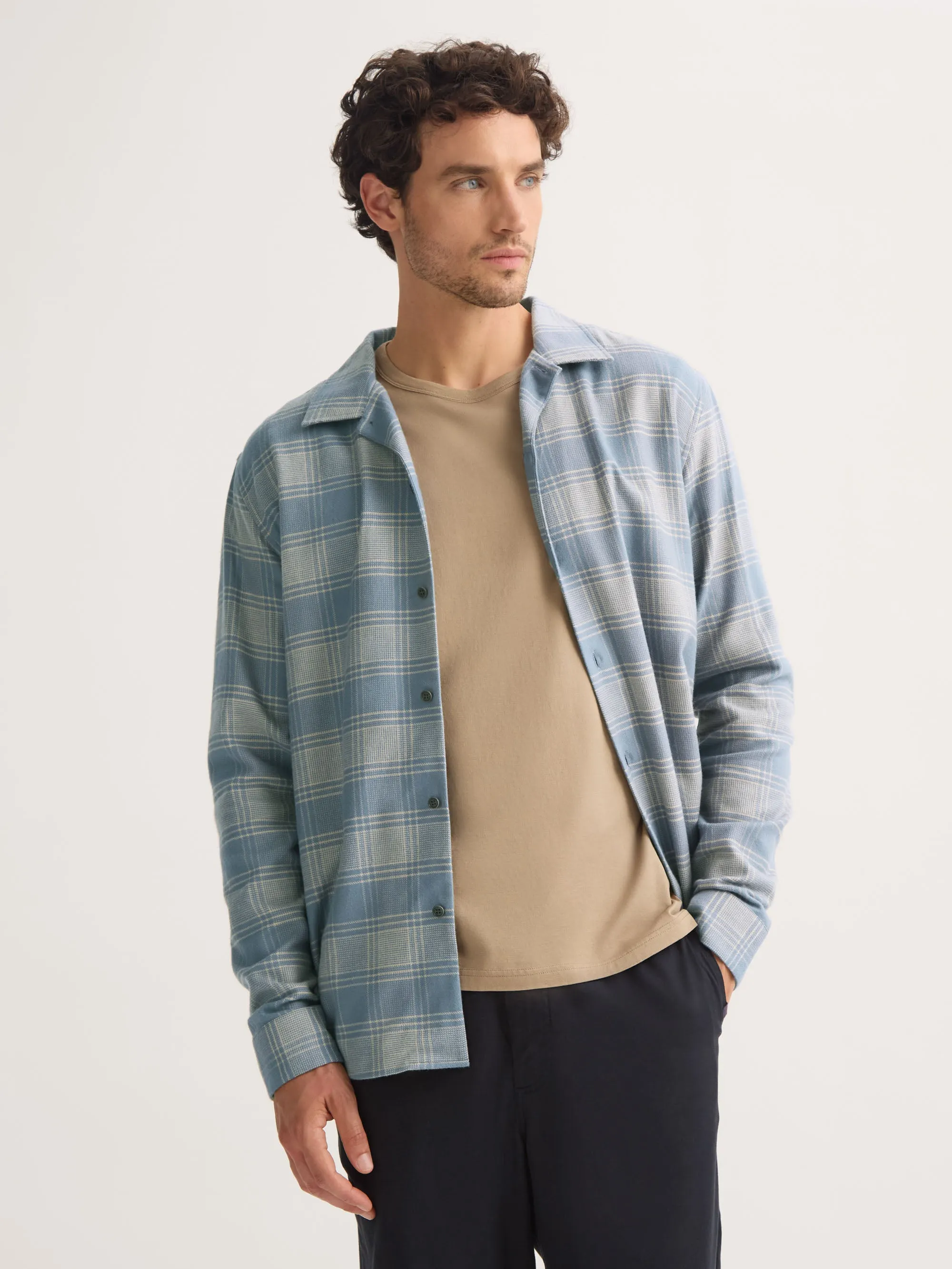 Men's Flannel Overshirt Kelburn Brushed Cotton Storm Blue & Ecru Check sold by Derek Rose product image thumbnail 4
