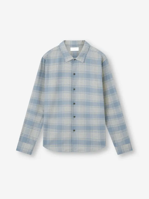 Men's Flannel Overshirt Kelburn Brushed Cotton Storm Blue & Ecru Check sold by Derek Rose