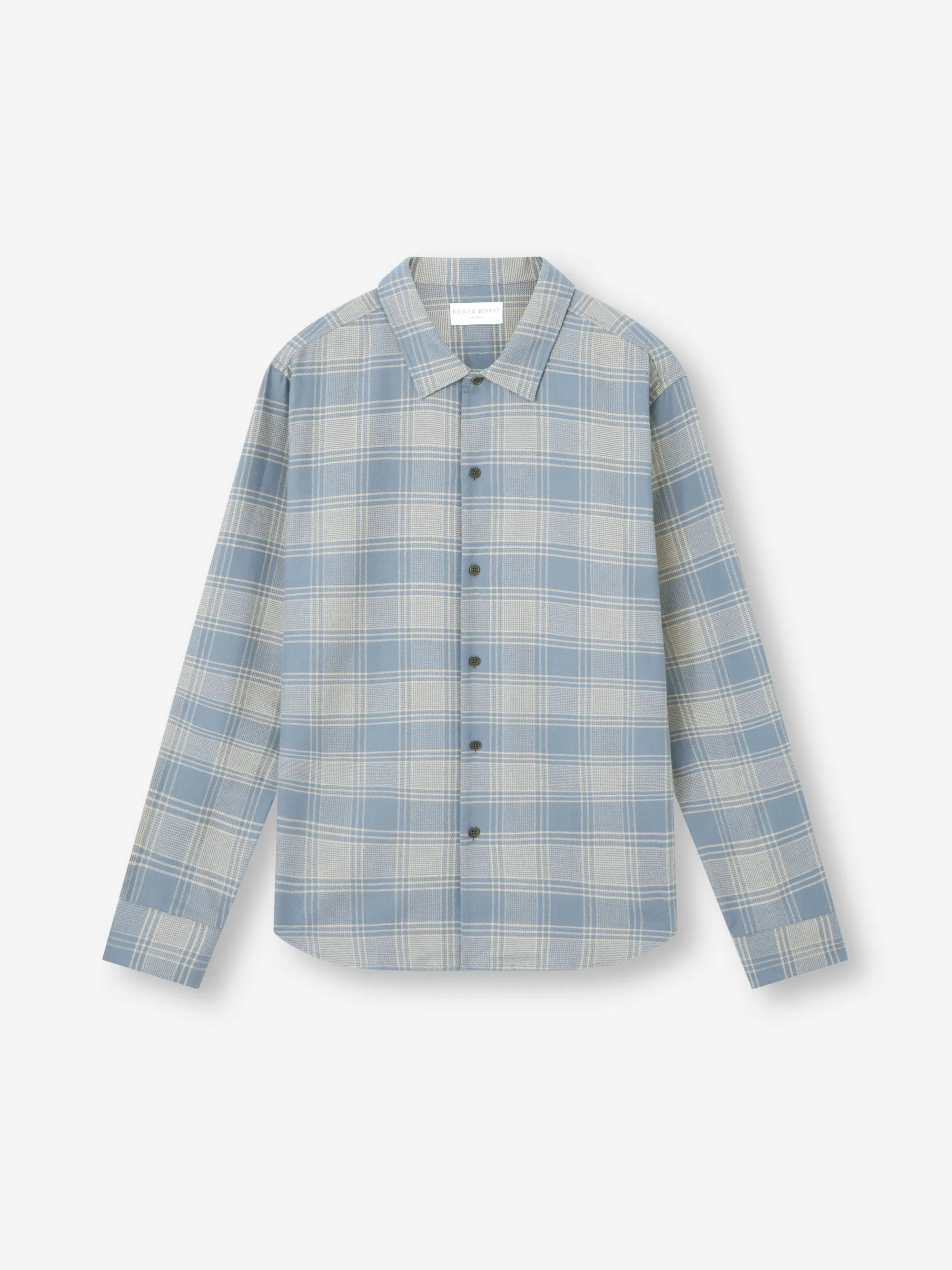 Men's Flannel Overshirt Kelburn Brushed Cotton Storm Blue & Ecru Check sold by Derek Rose