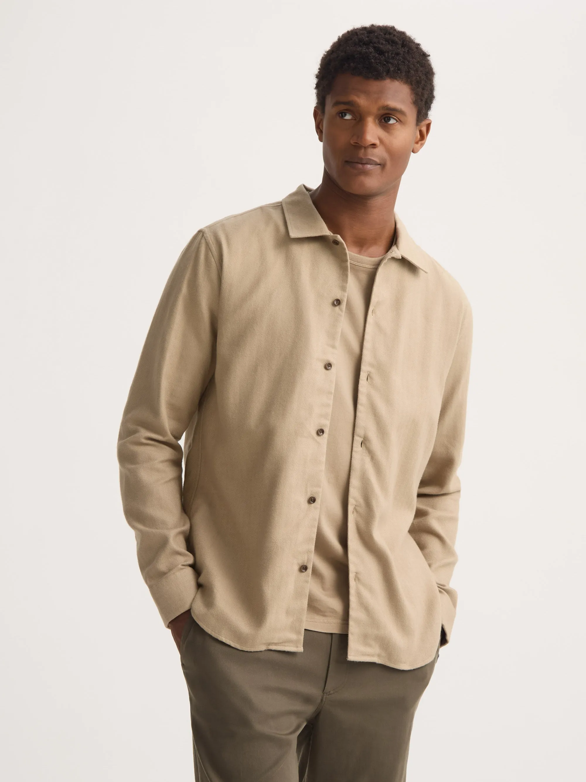 Men's Flannel Overshirt Kelburn Brushed Cotton Light Stone Herringbone sold by Derek Rose product image thumbnail 4