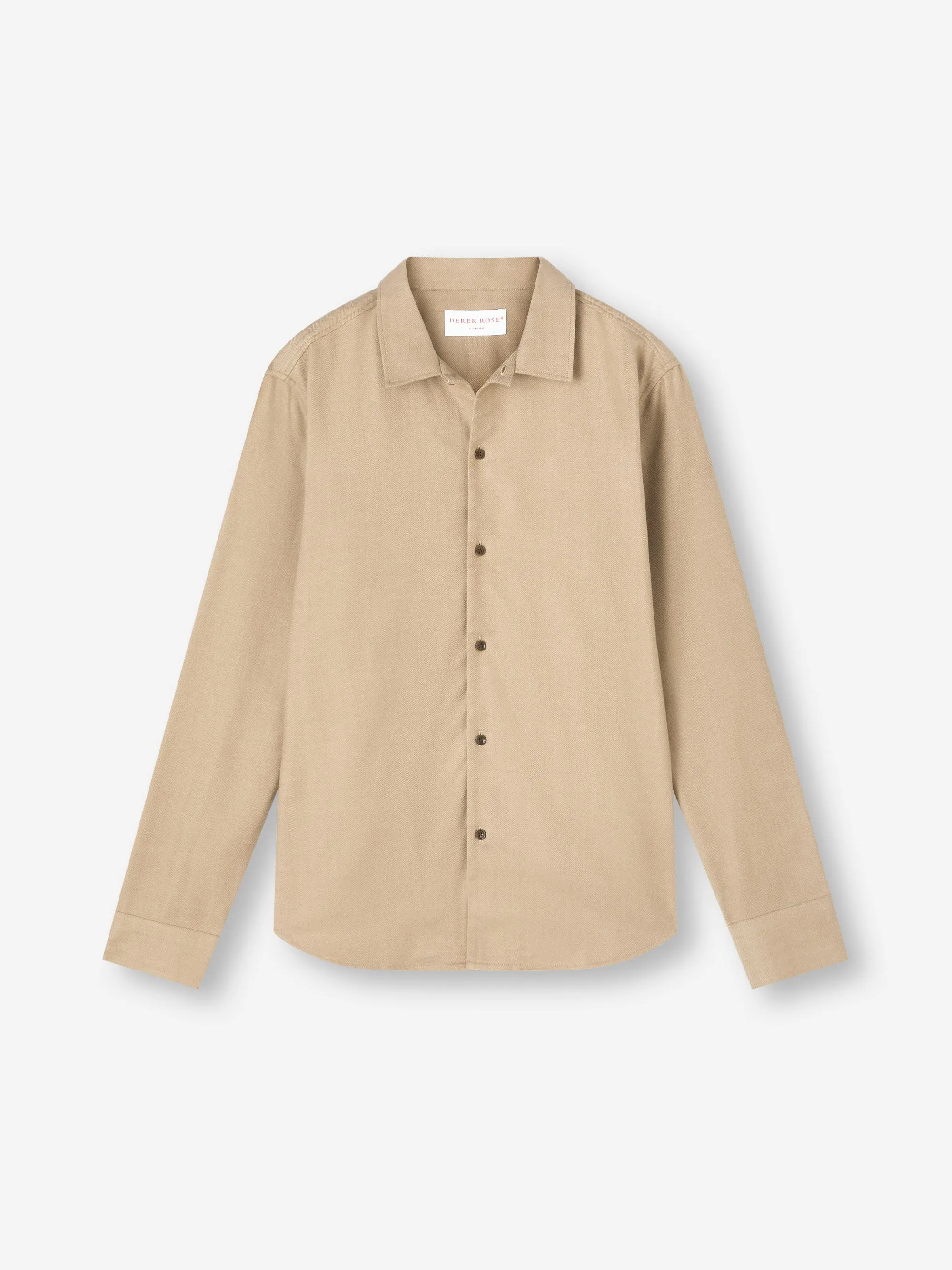 Men's Flannel Overshirt Kelburn Brushed Cotton Light Stone Herringbone sold by Derek Rose