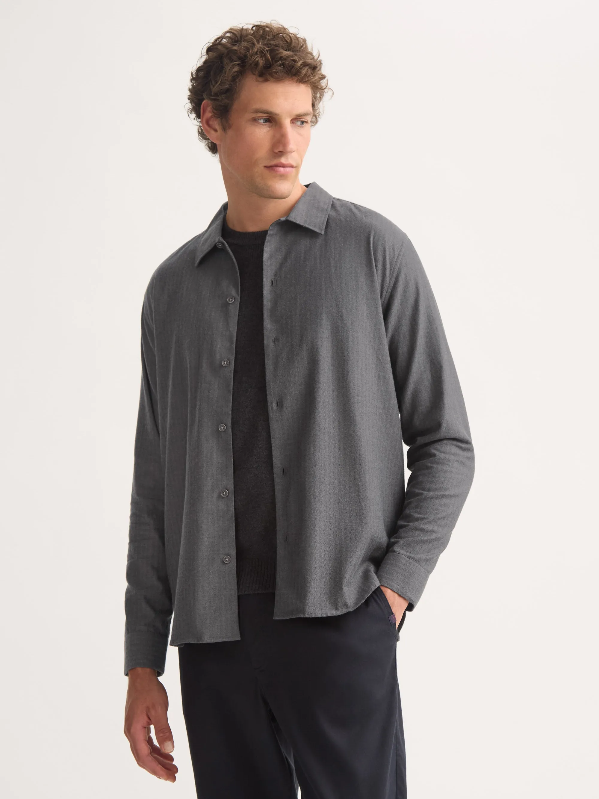 Balmoral Brushed Cotton Flannel Shirt Charcoal Gray Herringbone sold by Derek Rose product image thumbnail 3