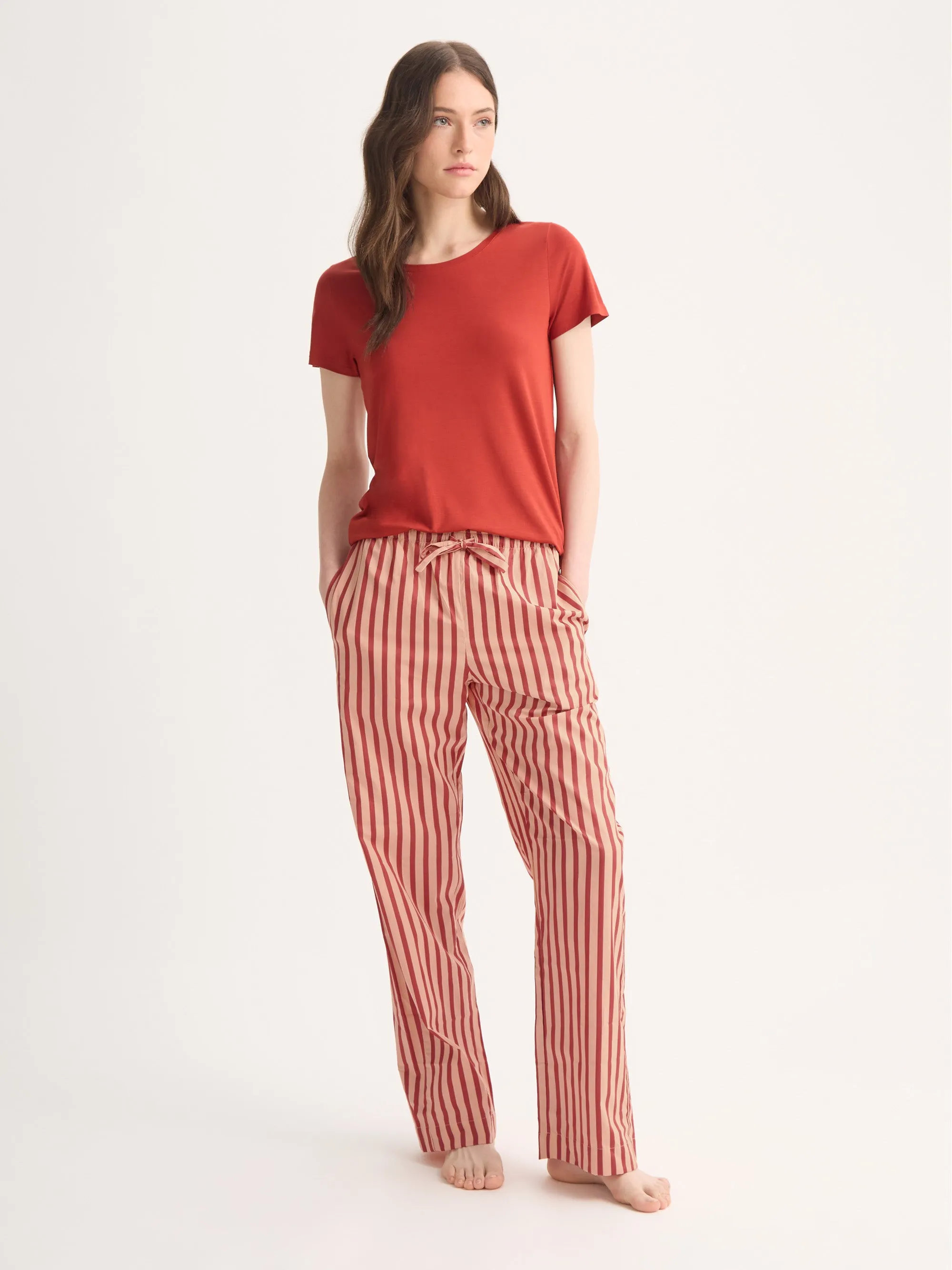 Women's Lounge Pants Capri Cotton Batiste Red & Peach Stripe sold by Derek Rose