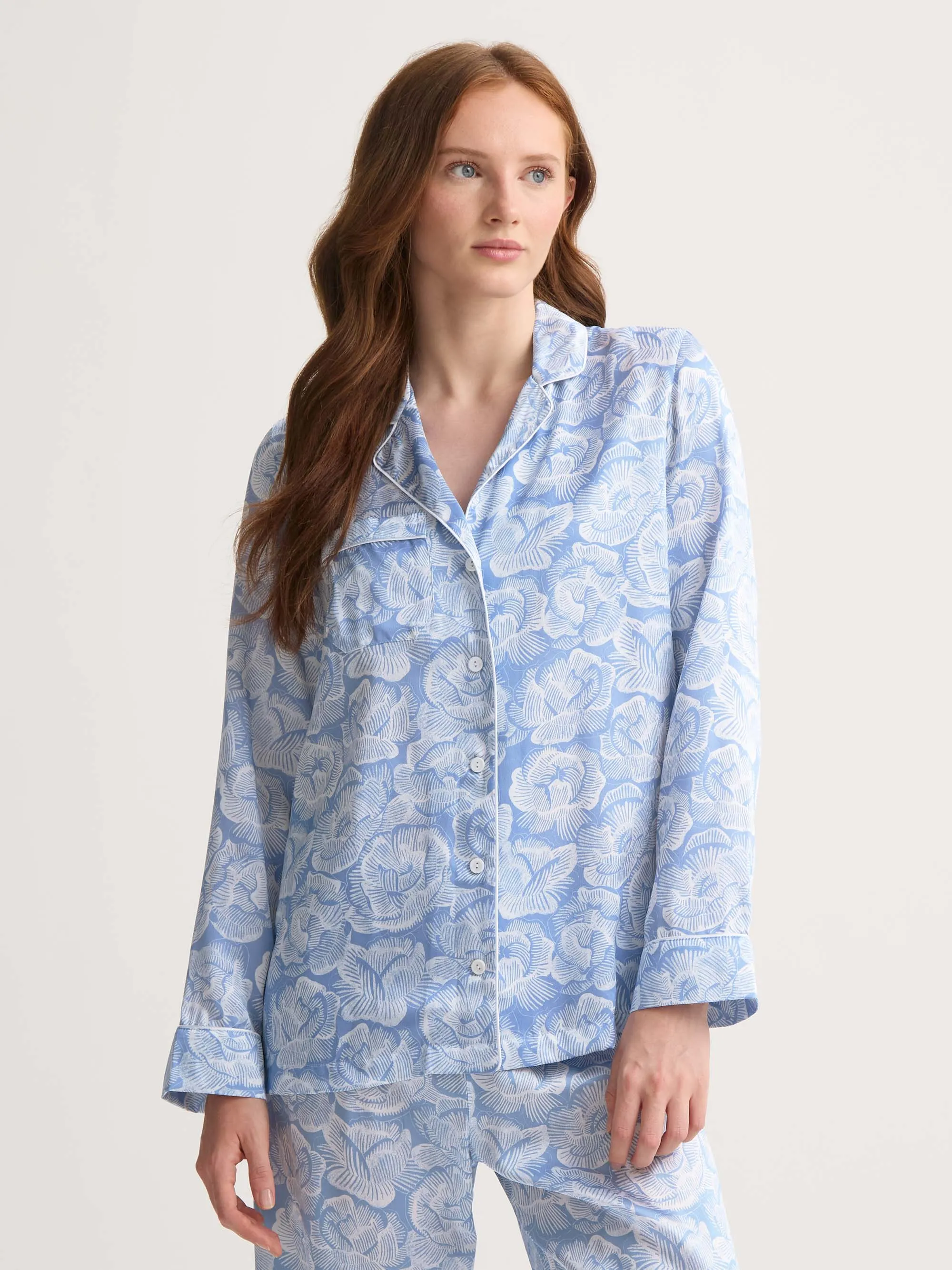 Brindisi Silk Pajamas Light Blue & White Rose sold by Derek Rose product image thumbnail 3