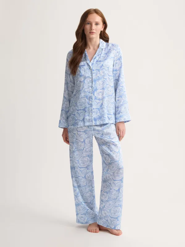Women's Silk Pajamas Light Blue & White Rose Print sold by Derek Rose