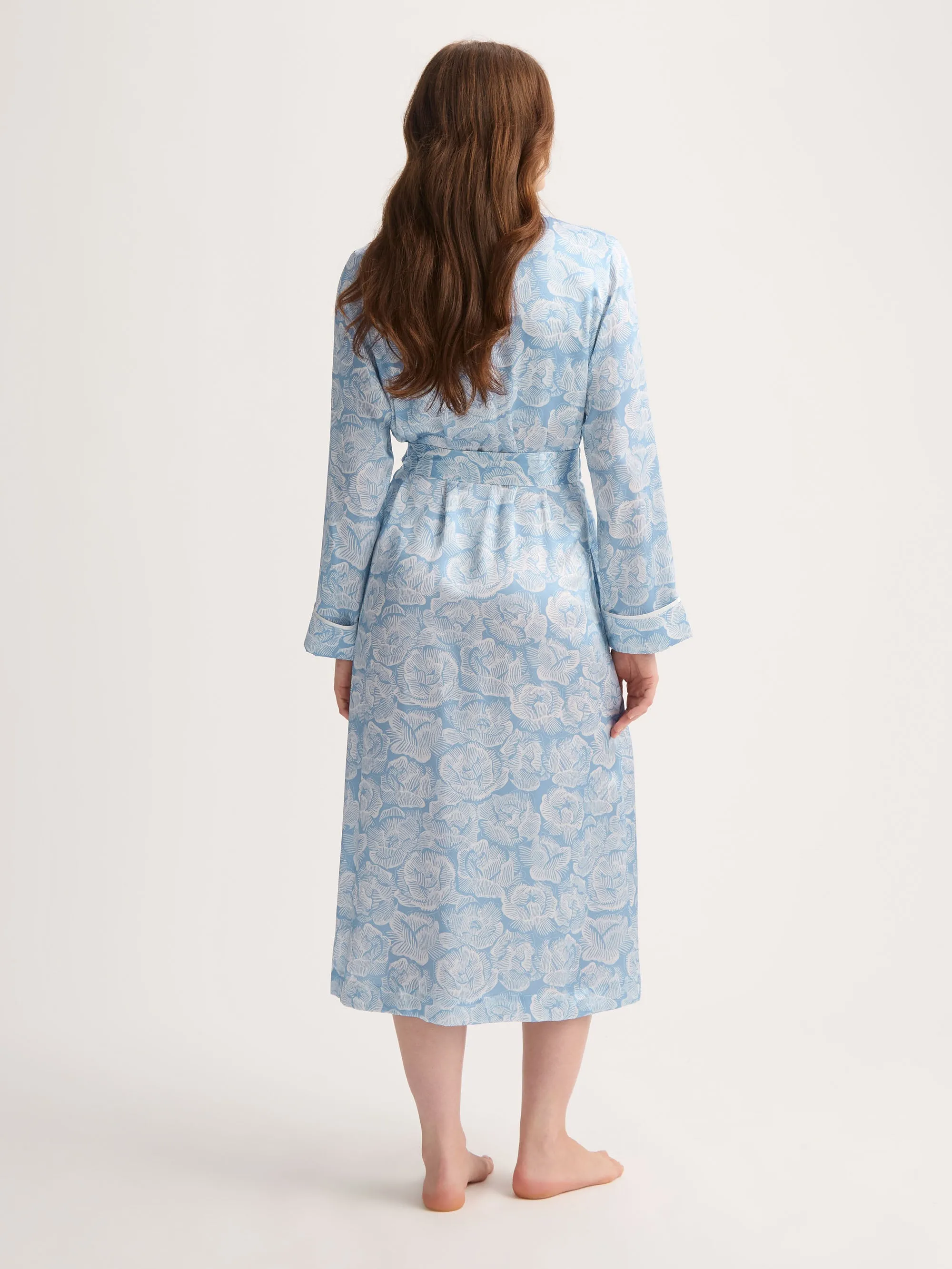 Women's Long Silk Robe Light Blue & White Rose Print sold by Derek Rose product image thumbnail 2