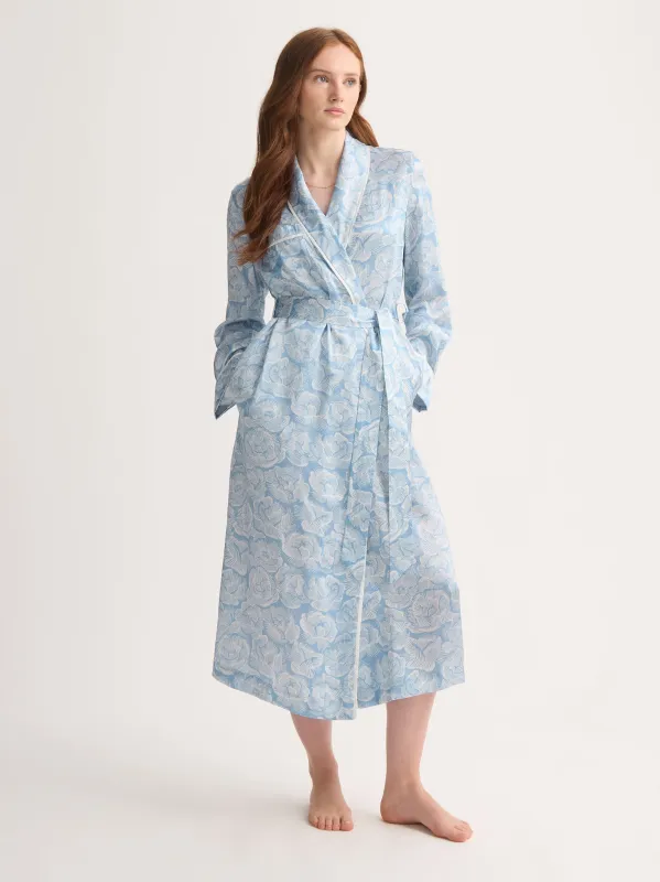 Women's Long Silk Robe Light Blue & White Rose Print sold by Derek Rose