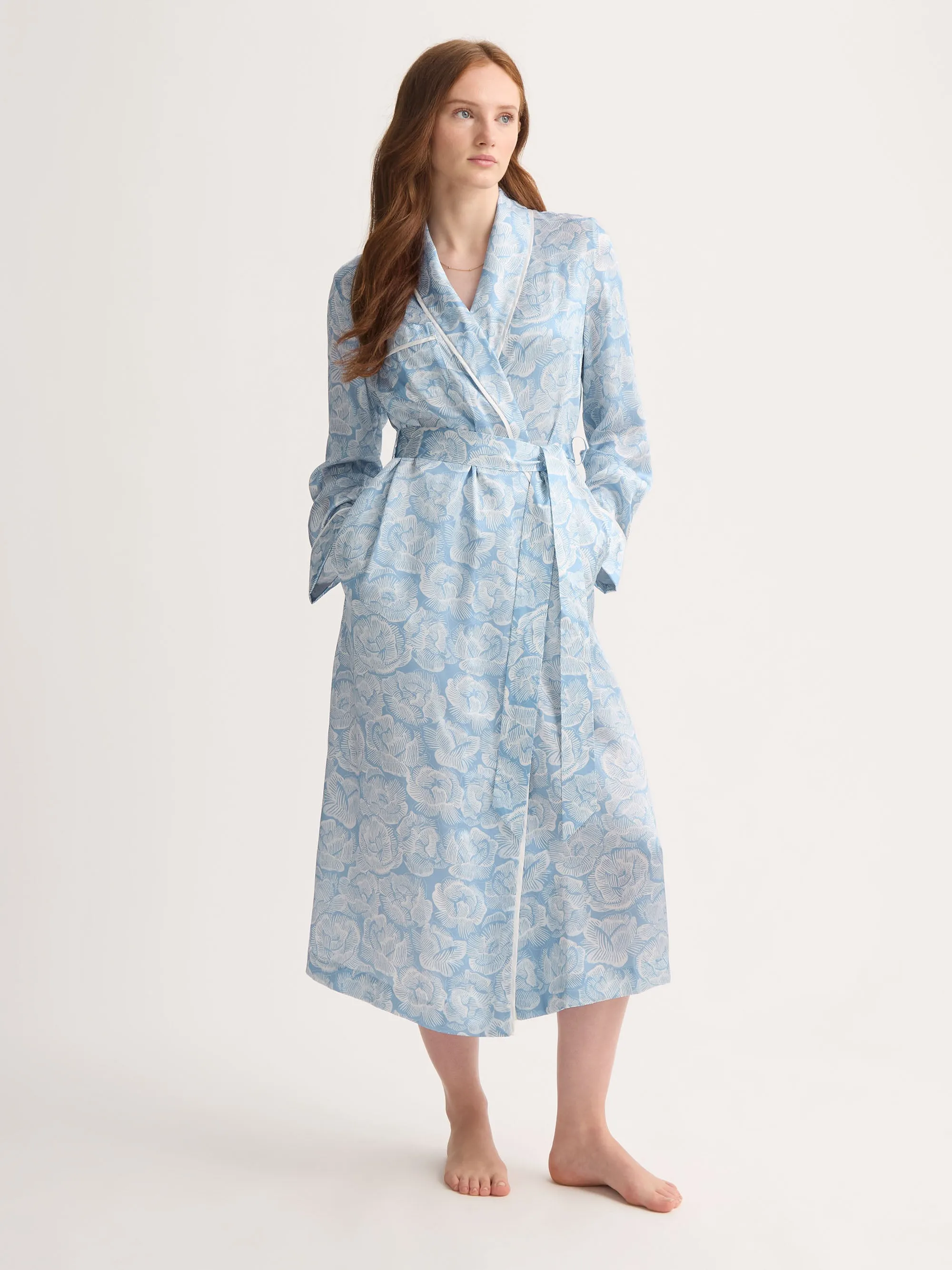 Women's Long Silk Robe Light Blue & White Rose Print sold by Derek Rose