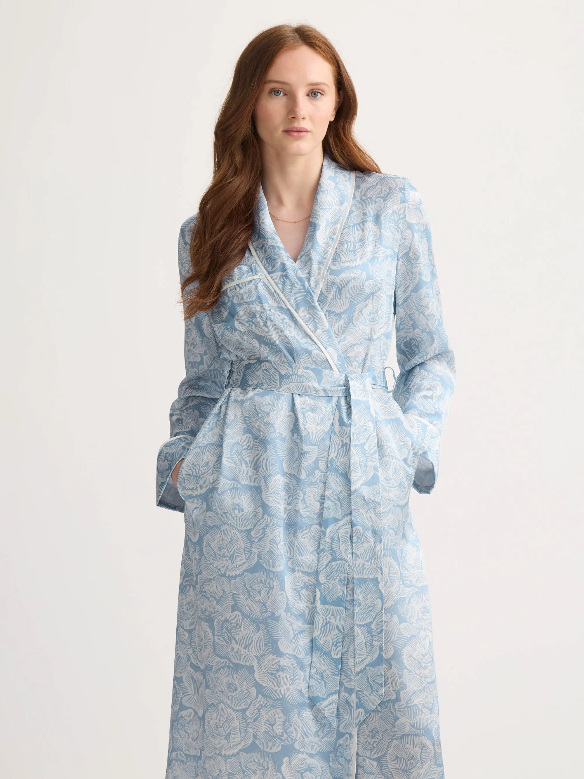Women's Long Silk Robe Light Blue & White Rose Print sold by Derek Rose product image thumbnail 3