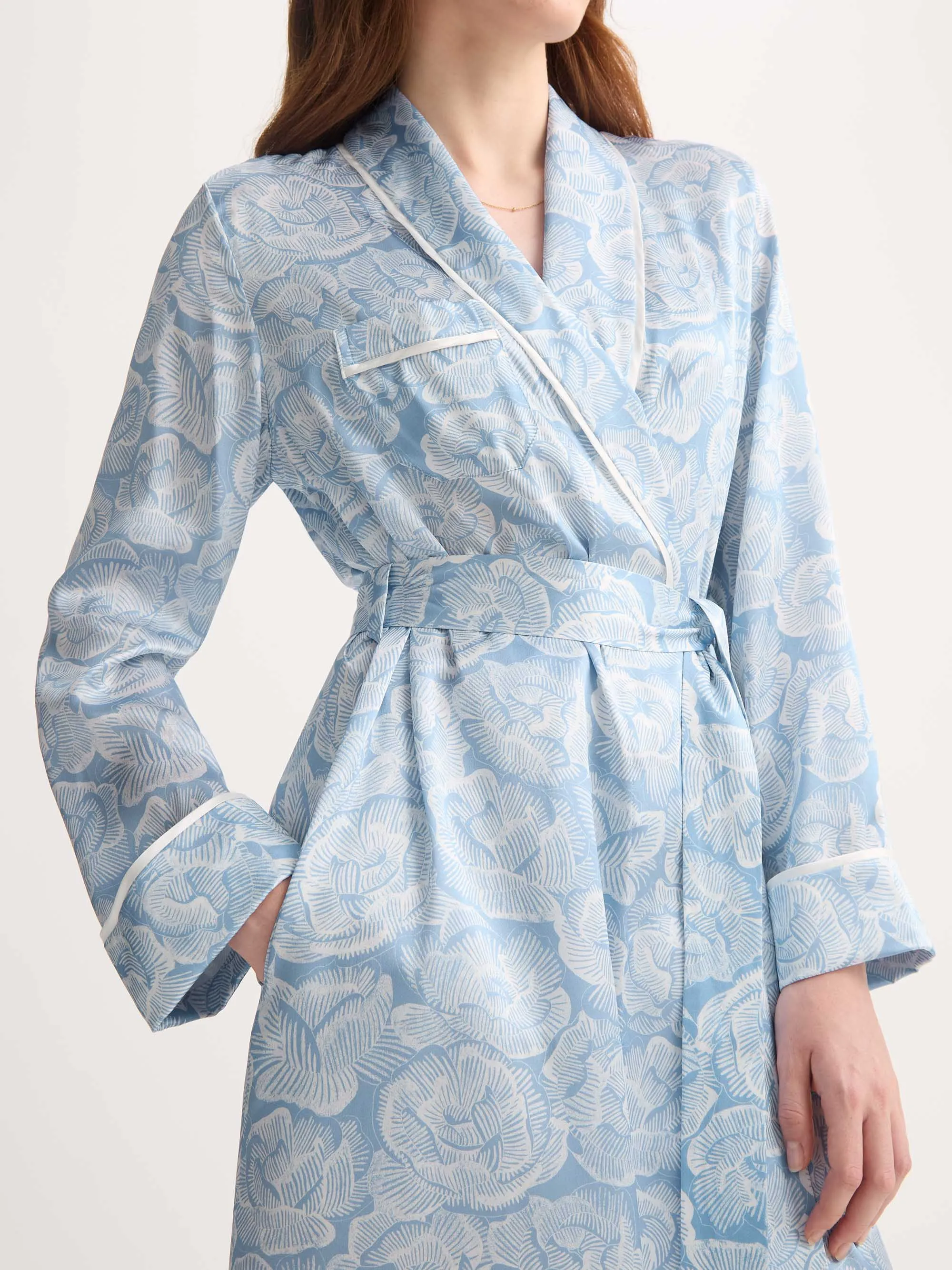 Women's Long Silk Robe Light Blue & White Rose Print sold by Derek Rose product image thumbnail 4