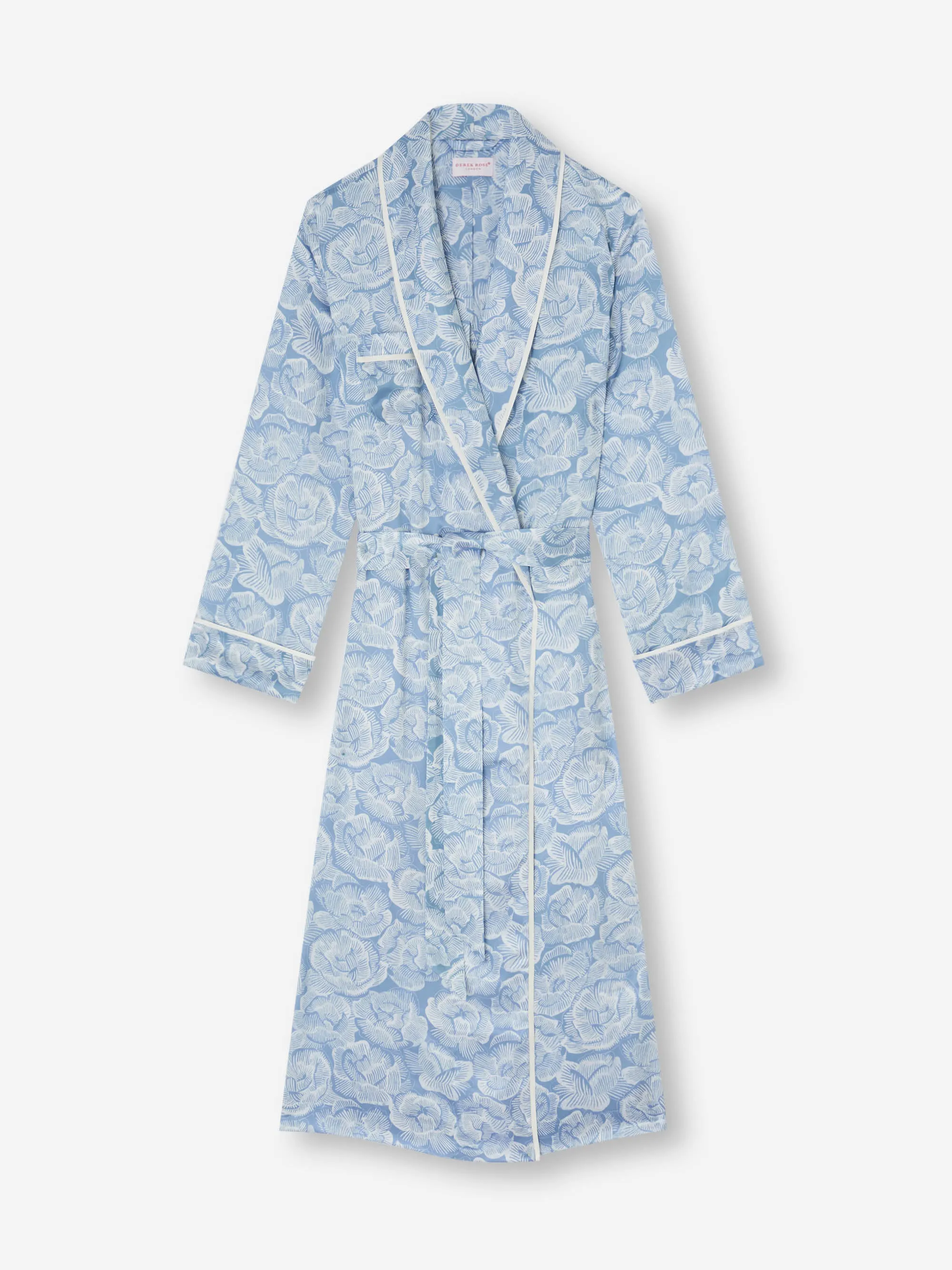 Women's Long Silk Robe Light Blue & White Rose Print sold by Derek Rose product image thumbnail 5