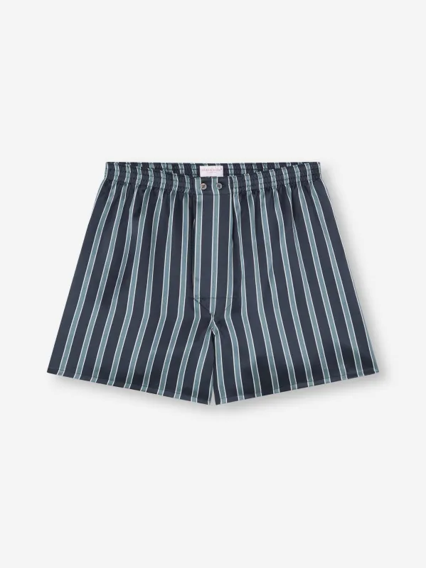 Men's Classic Fit Boxers Silk Navy Blue & Blue Stripe sold by Derek Rose