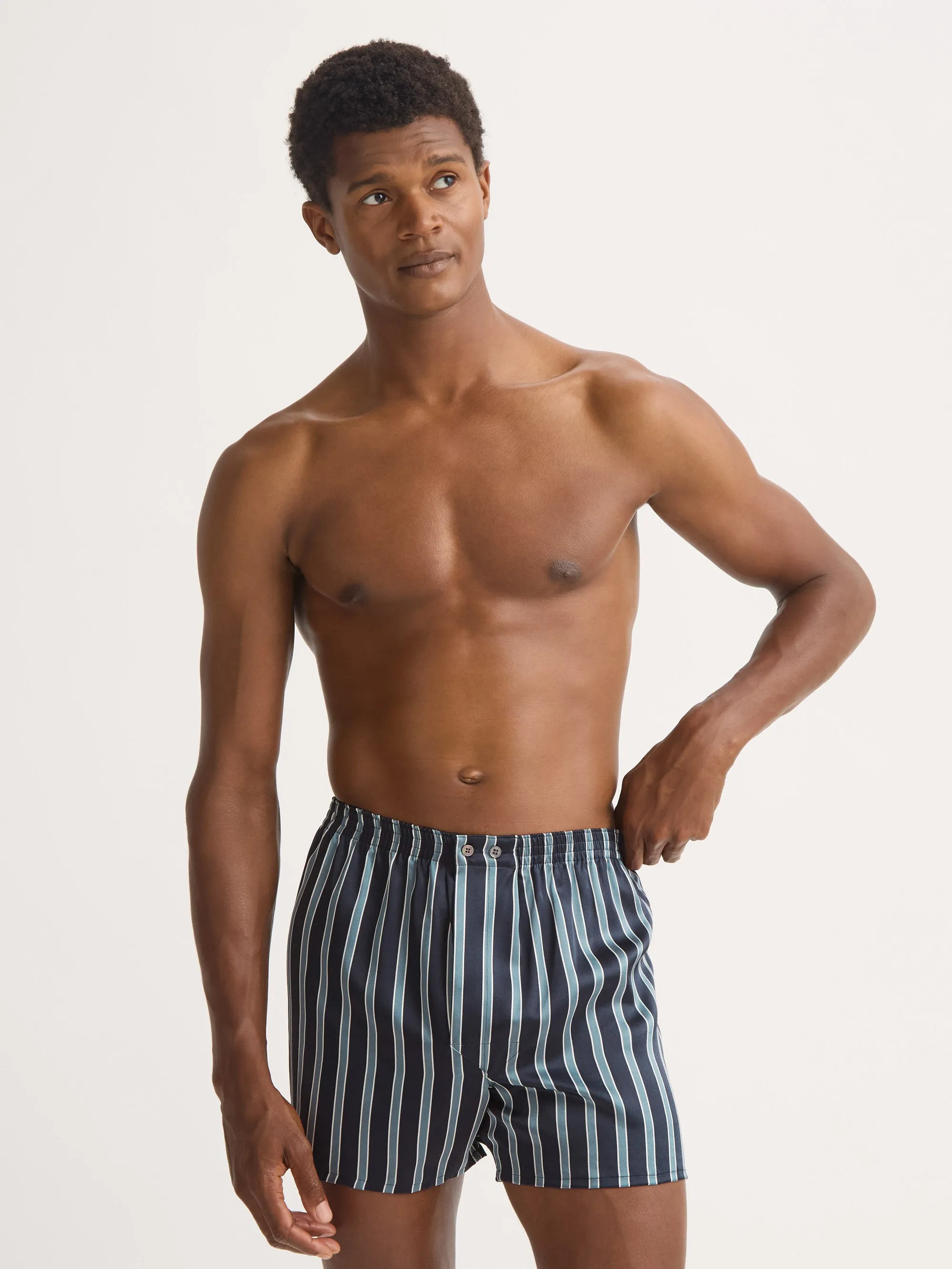 Men's Classic Fit Boxers Silk Navy Blue & Blue Stripe sold by Derek Rose product image thumbnail 4