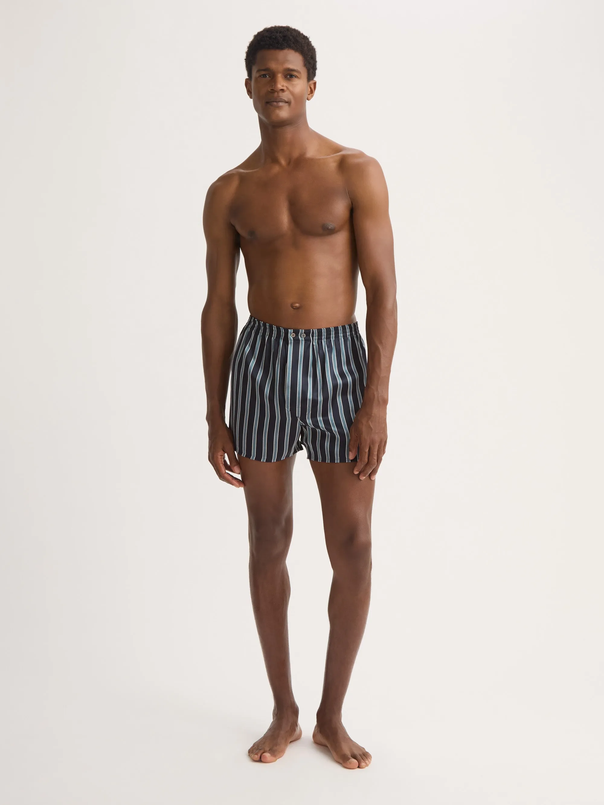Men's Classic Fit Boxers Silk Navy Blue & Blue Stripe sold by Derek Rose product image thumbnail 2